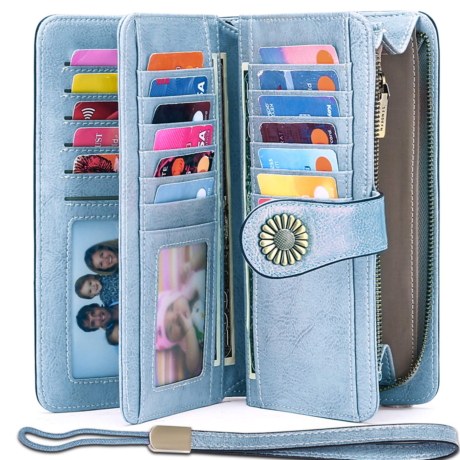 SENDEFNWallets for Women Genuine Leather Credit Card Holder with RFID Blocking Large Capacity Wristlet