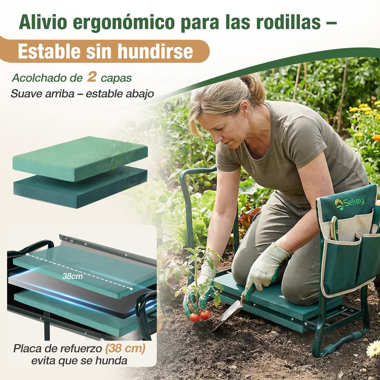 Sekey Reposarodillas Regulable en Altura para jardinería, Capacidad de Carga 160 kg, Taburete de jardín Plegable con Bolsillos para Herramientas, Ayuda para Rodillas para jardinería, 60 x 50 x 28 cm