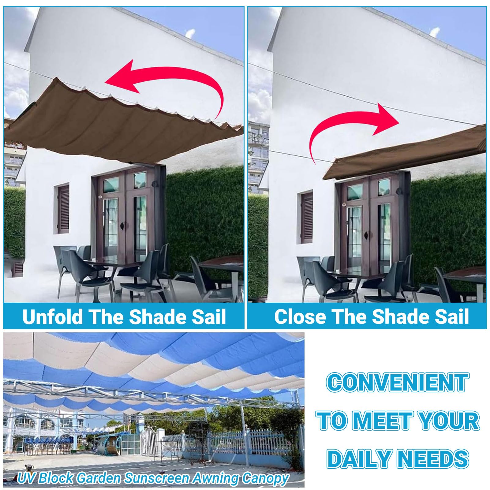 Ausziehbares Sonnensegel für Pergola, wasserdichtes Sonnendach mit 95 % UV-Schutz, Terrassenabdeckung, einfache Installation, windbeständig, 1,5 x 8 m