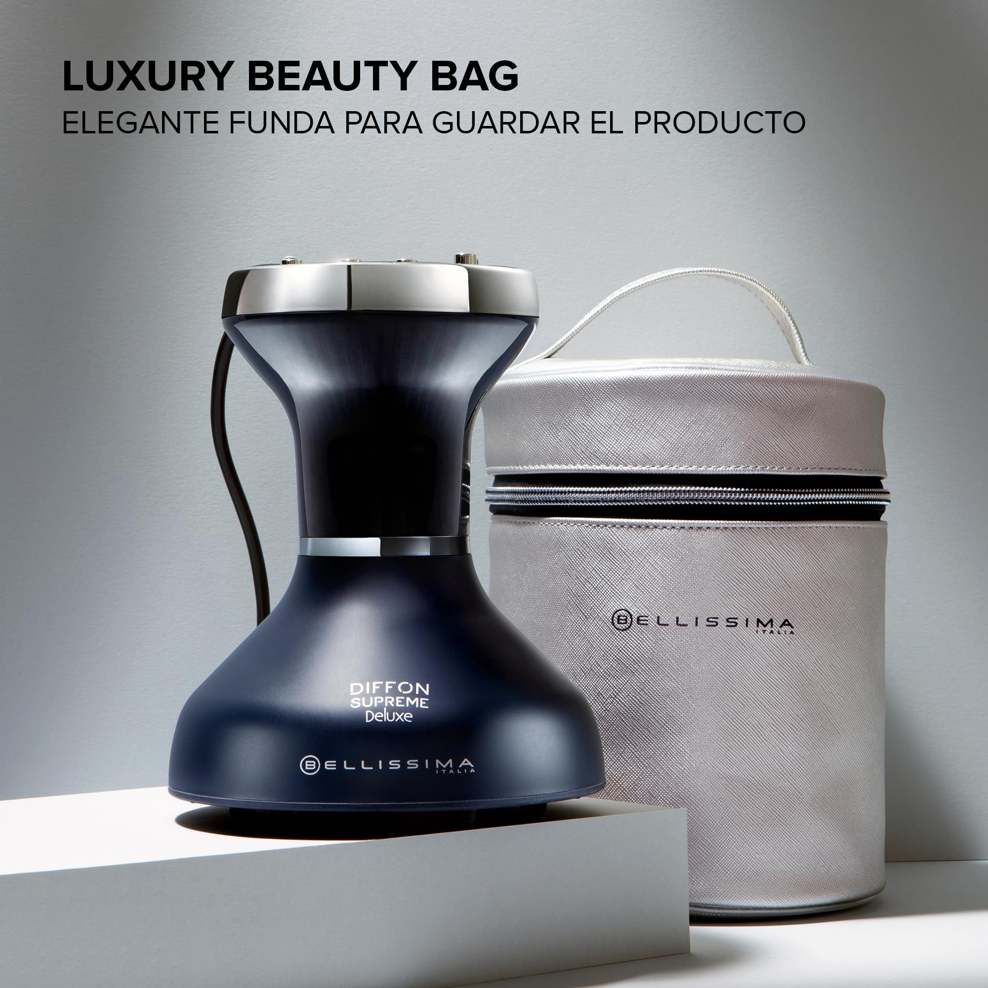 Bellissima Diffon Supreme Deluxe, Difusor de Aire Caliente para Cabello Rizado, Tecnología Cerámica y Queratina, Difusor XL, 3 Temperaturas y Ionizador, Secado Suave, bolsa de belleza, Negro Y Plata