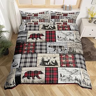 Rustic Cabin Duvet Cover Queen Woodland Wolf Deer Bear Bedding Set For Kids Adults,Red Black Buffalo Plaid Comforter Cover Wildlife Camping Lodge Mountain Bed Set Southwestern Farmhouse Decor