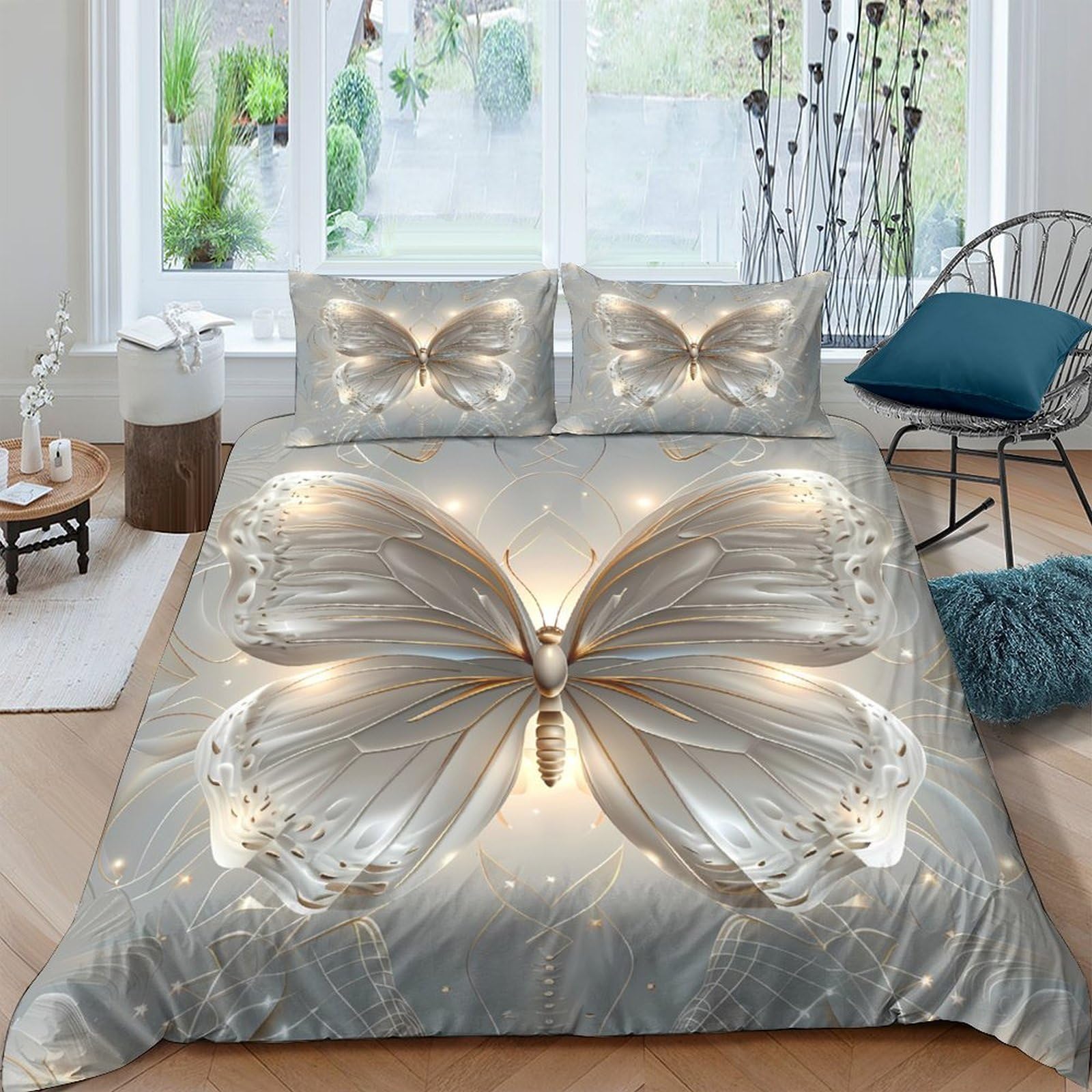 Ctjqhvkz Style-2 3D Printed Shimmer Butterfly Fitted Sheet Microfiber Bedroom Decor Light Effect Mattress Cover For Adults Youth Single（135X200cm）