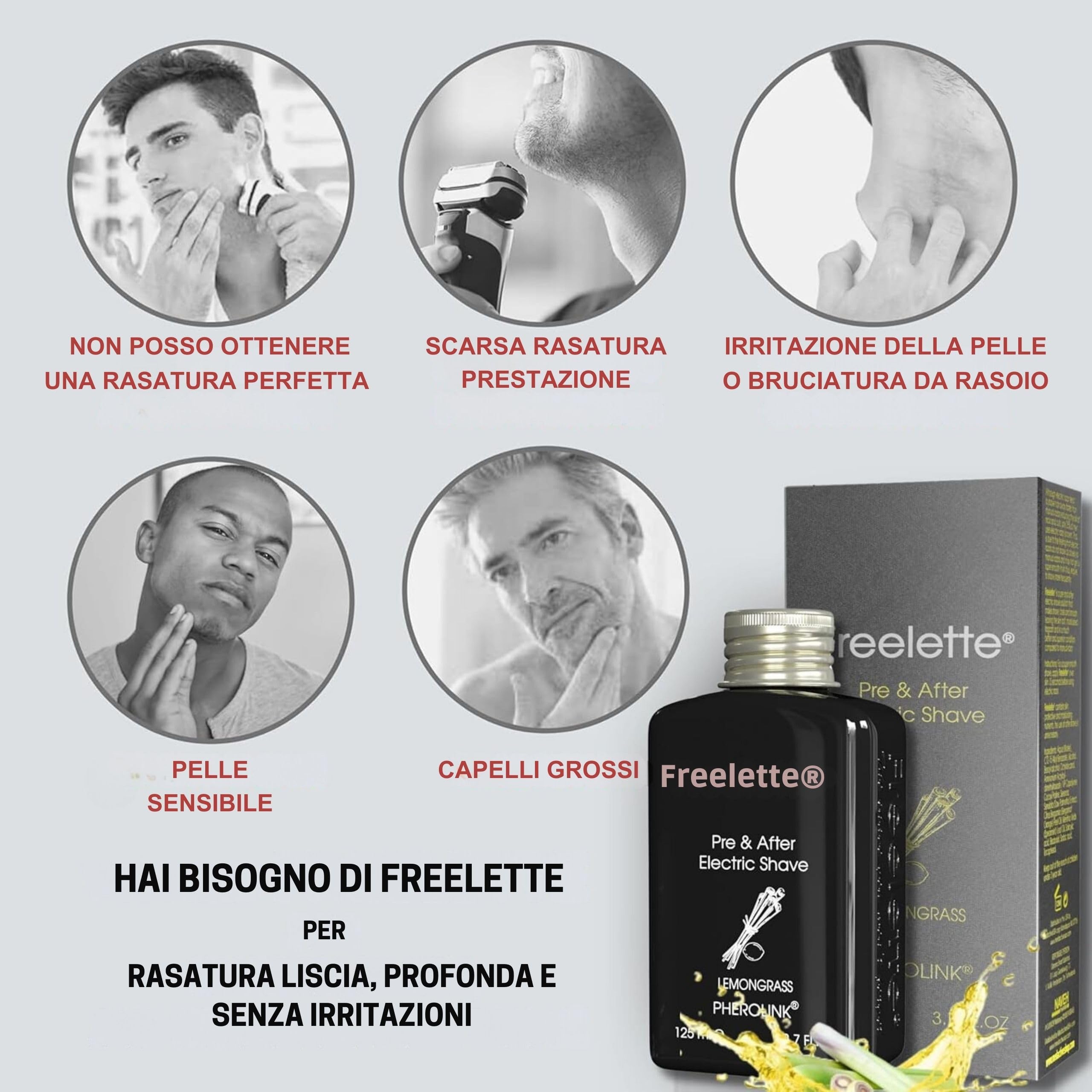 Freelette Lozione Crema Pre Rasatura Elettrica e Dopobarba - Ideale per una Rasatura Precisa e Liscia - Balsamo Senza Irritazioni (Citronella)