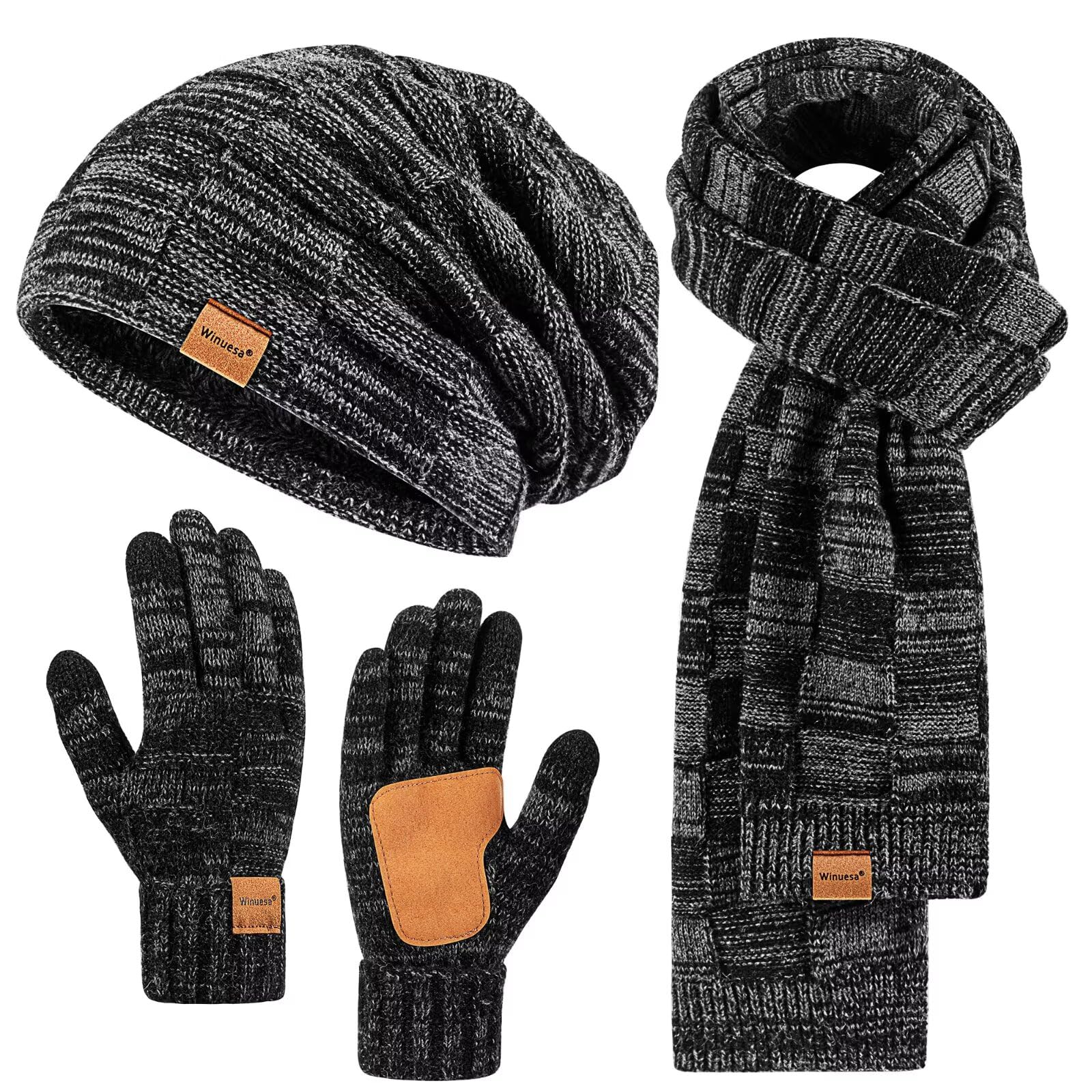 Mens Hat Gloves Scarf Set Winter Slouchy Beanie 3 in 1 Warm Set for Men Mens Stocking Stuffers