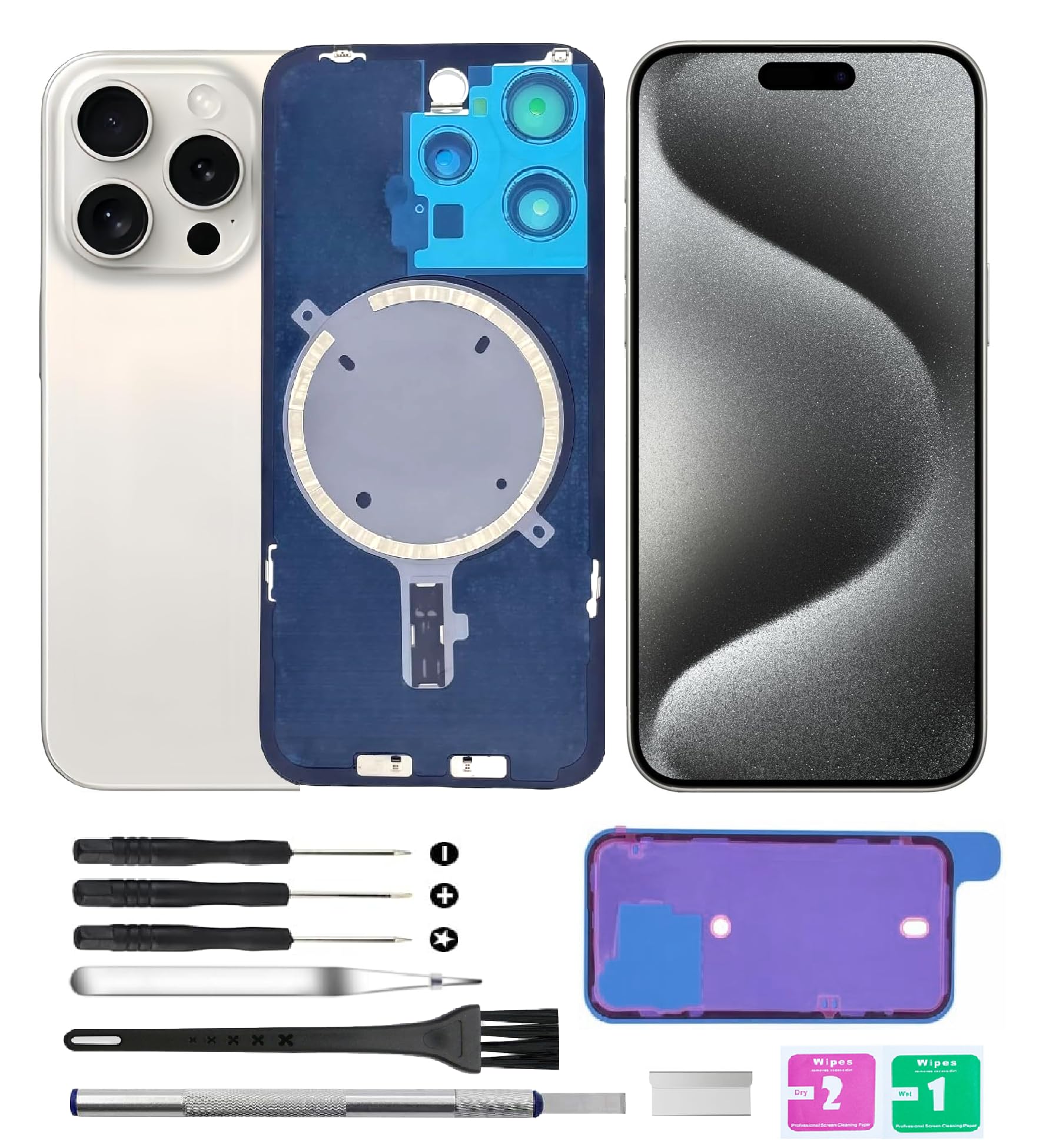 Photo 1 of Yuntunele Back Covers Glass(Includes Lens Glass, Bracket, Magnet) Replacement Compatible with iPhone 15 Pro All Carriers with Professional Tool Set (White)