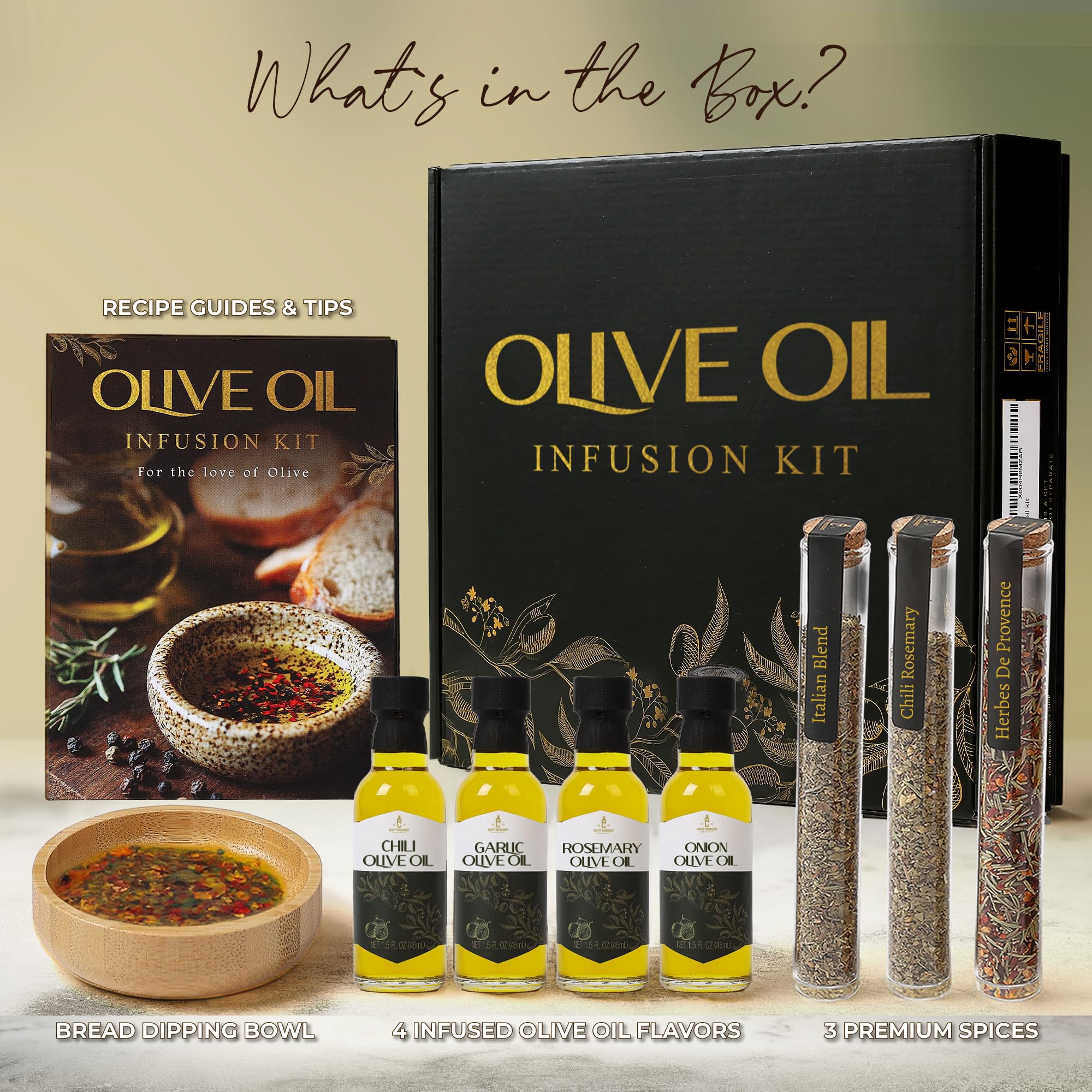 Infused Olive Oil Gift Set – Variety Pack - 4 Flavored Olive Oil Extra Virgin, 3 Spice Flavorful Infusion Blends, Bread Dipping Bowl & Recipe Booklet - Set of 8 – Gourmet Cooking Gifts for Women - Mothers Day Gifts For Mom