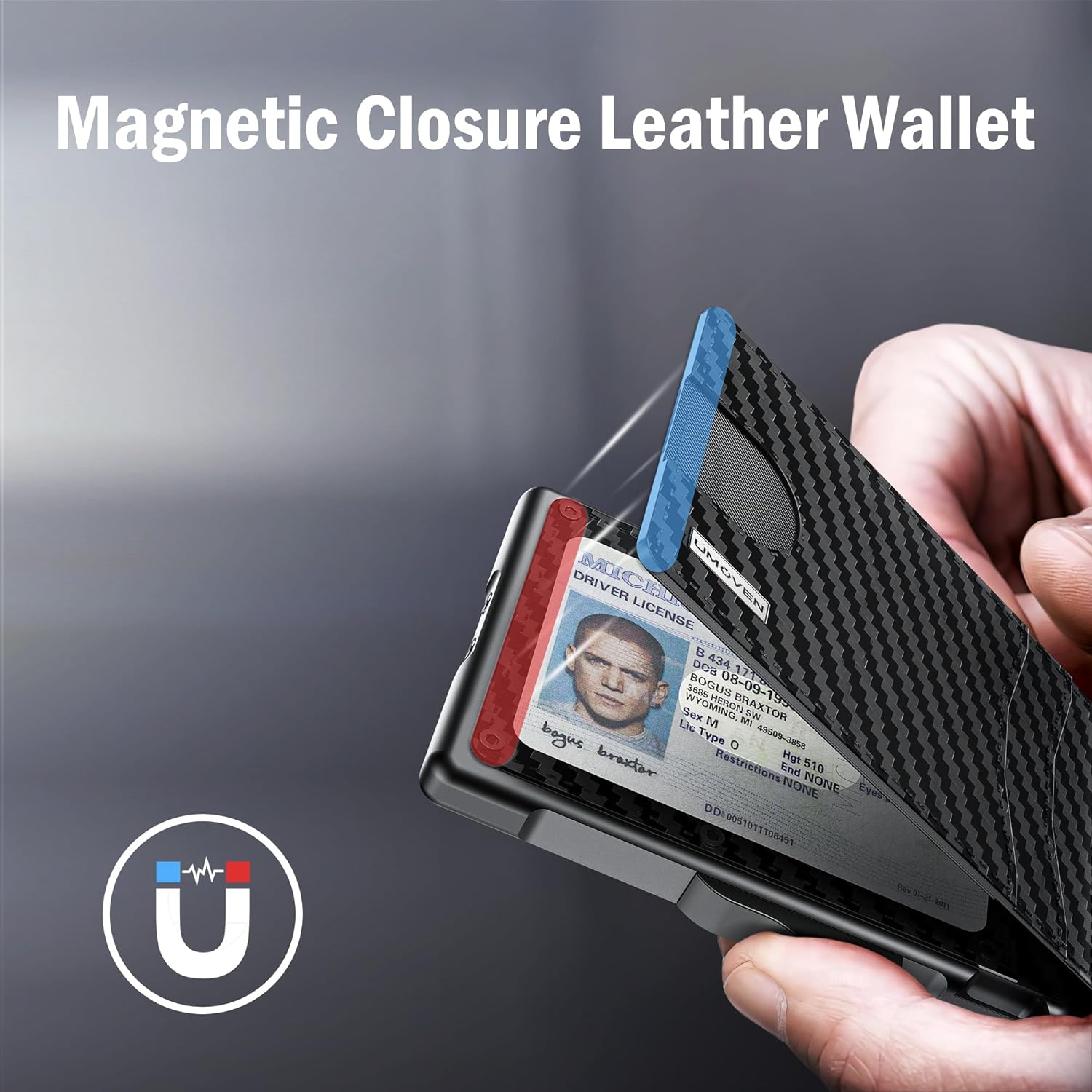 umoven Wallet for Men - Slim Leather RFID Blocking Bifold Minimalist Wallet with Metal Pop-Up Card Holder, Money Clip, Credit Card Slots - Men's Wallet, Carbon Fiber - Image 5