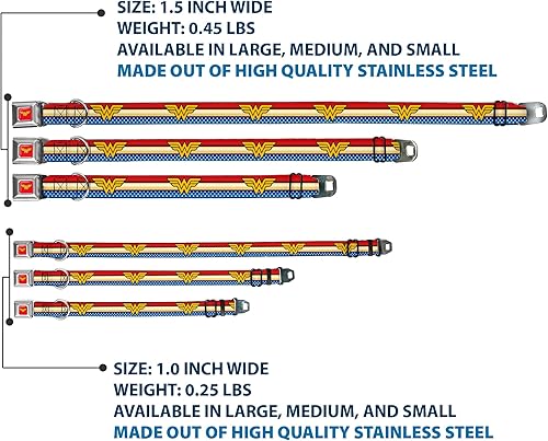 Vista 3 de Collar de perro hebilla de cinturón de seguridad Wonder Woman Logo Stripe Stars Rojo Oro Azul Blanco 15 a 26 pulgadas 1.0 pulgadas de ancho