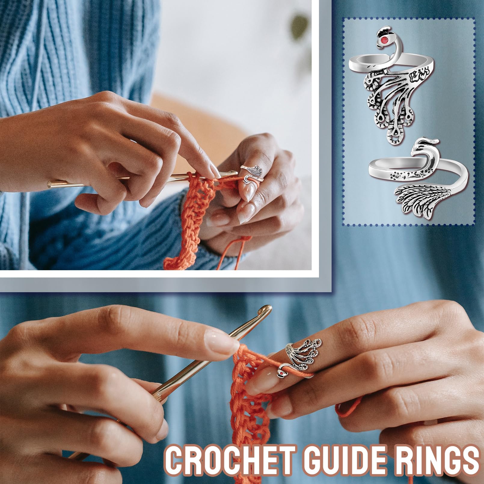 RechicGu 12pcs Adjustable Knitting Ring Loops & Crochet Accessories Yarn Guide Finger Holder Protection Thimble Tool Hat Cat Peacock Leopard