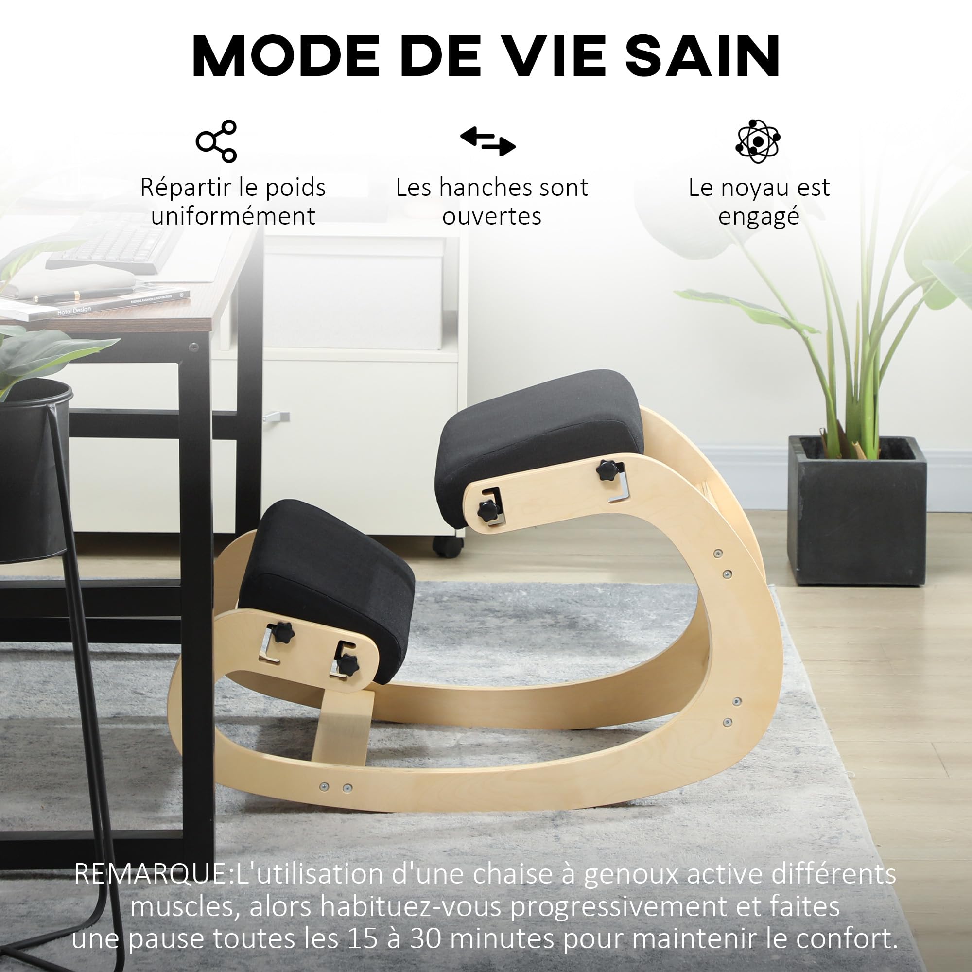 HOMCOM Asiento de Rodilla, Asiento Ergonómico de Madera basculante, Silla de Rodilla ajustable para Oficina en casa, Mejorar la Postura, Dolor de Espalda, Negro