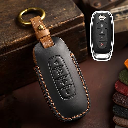Miniatura 3 de Funda de cuero genuino para llavero para Nissan Rogue 2023 adecuada para 4 botones Smart Key Remote Protector (negro)