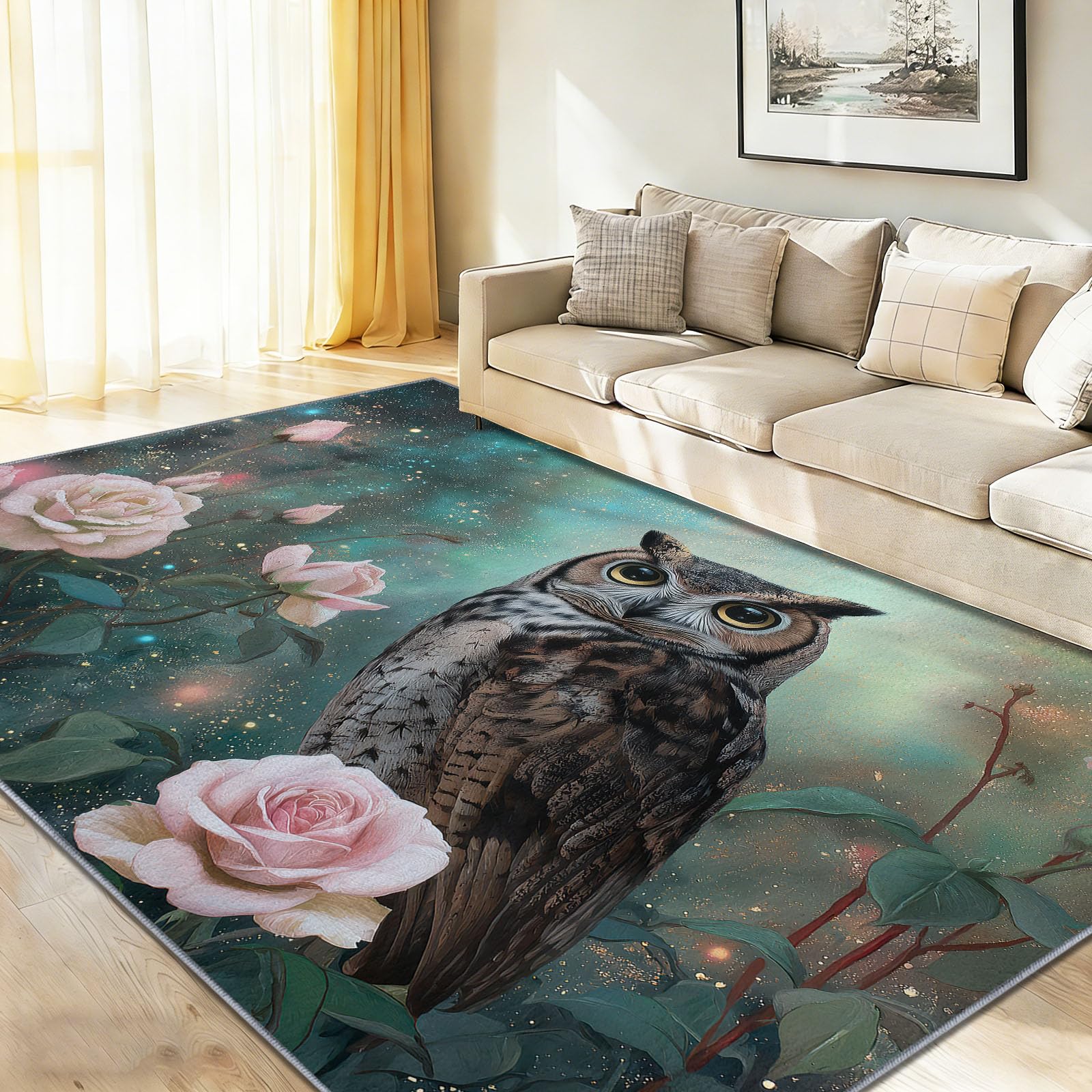 Dywan do salonu, 160 x 230 cm, mistyczny wzór sowy i róż, dla nastolatków, chłopców i dziewczynek, antypoślizgowy, flanelowy dywan z krótkim włosiem, bardzo miękki, łatwy w pielęgnacji, kolorowy