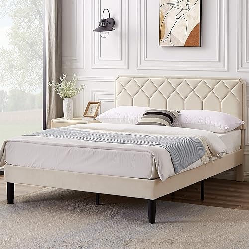 Miniatura 7 de VECELO Base de cama de tamaño matrimonial con plataforma tapizada de terciopelo de alta calidad con cabecera ajustable en altura  base de colchón,