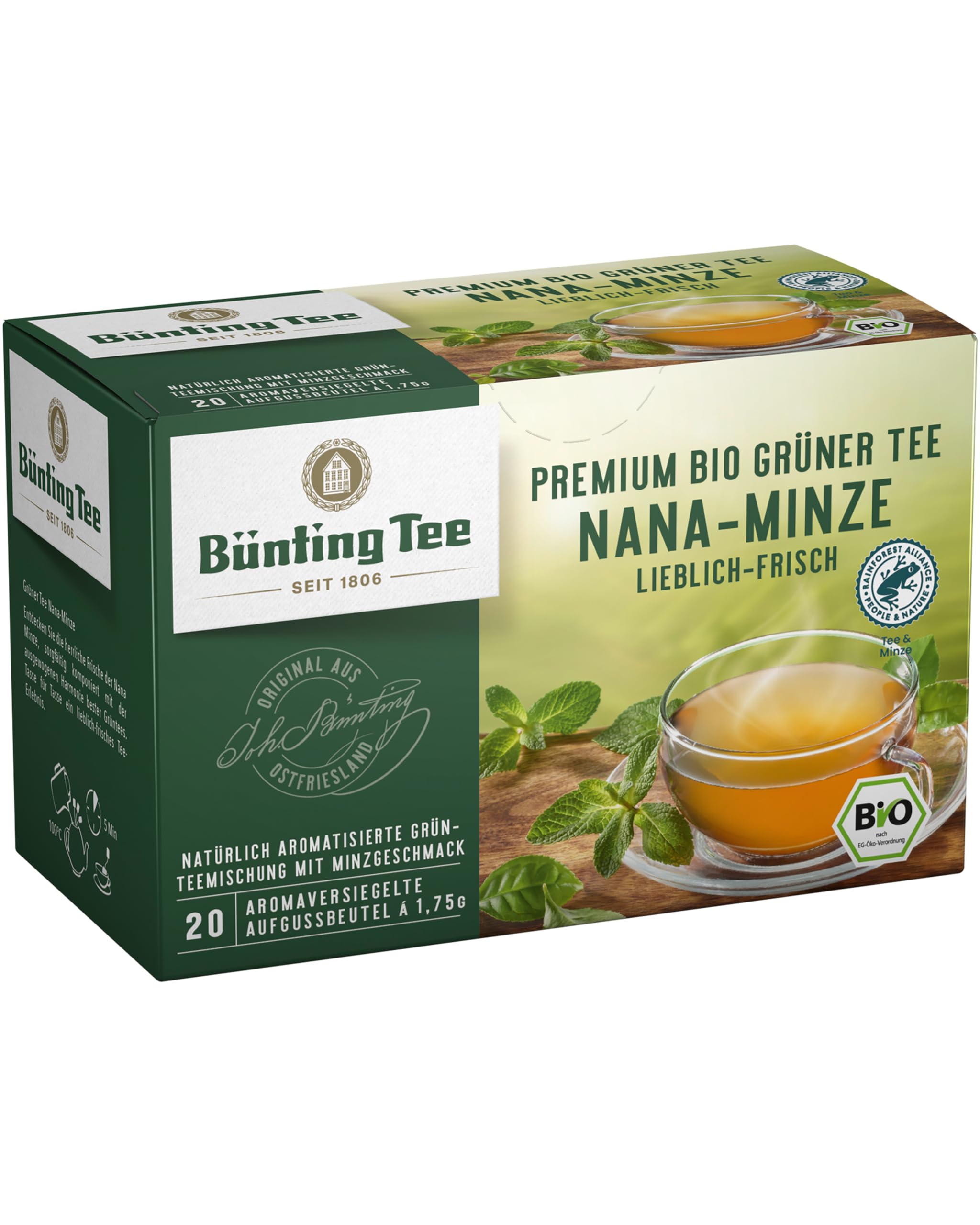 Bünting Tee Premium Bio Grüner Tee Nana Minze, 12er Pack (12 x 35 g)