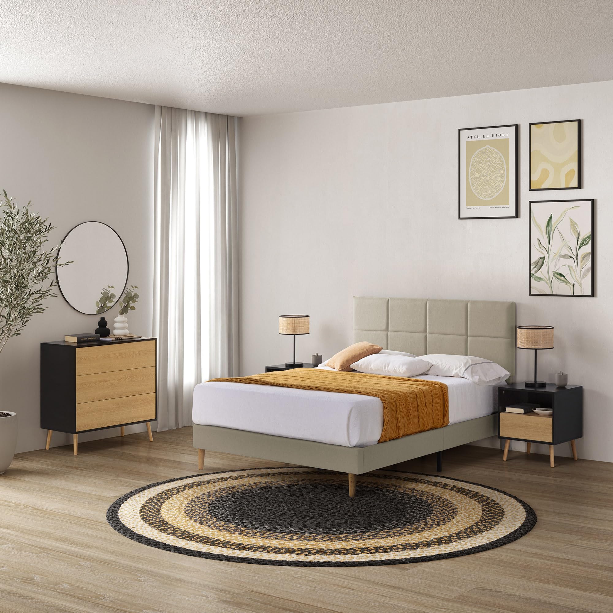 HOMN LIVING Estructura de Cama tapizada Silvi de 30 cm, Base para colchón 150x190 cm, Somier de láminas de Madera, Montaje Sencillo, Beige