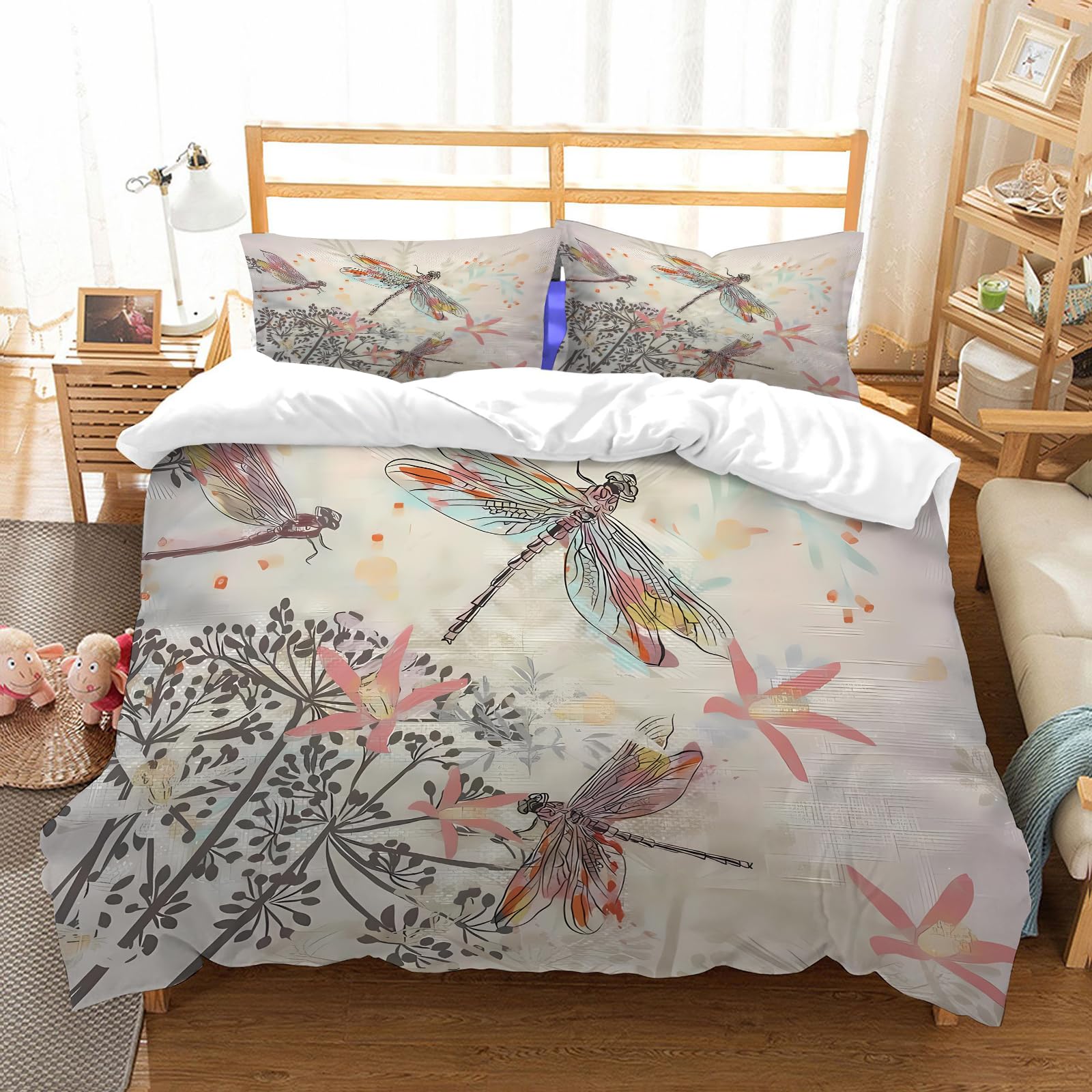 Ensemble de literie fleurs et libellule pour chambre zen