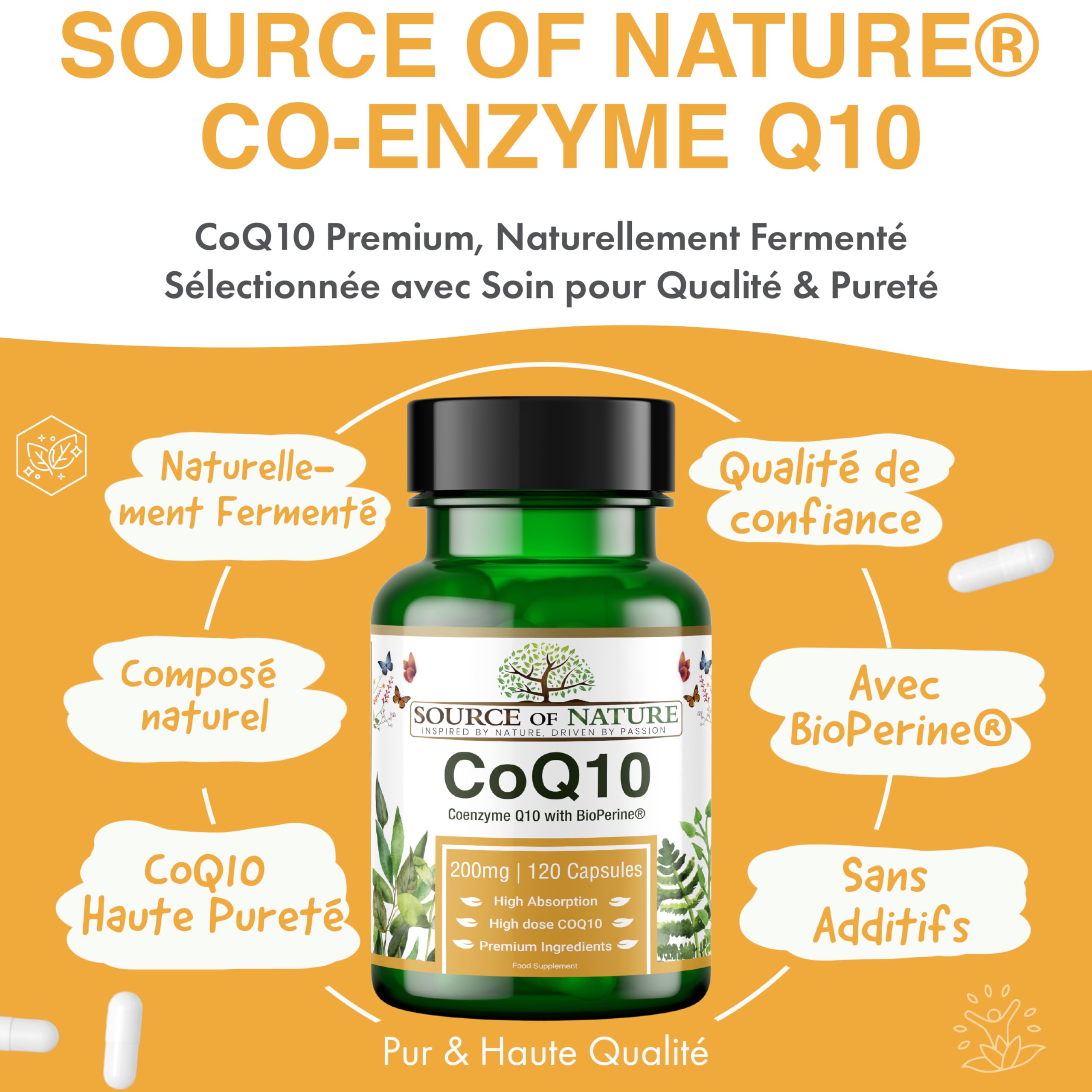Source of Nature® | CoQ10 200mg | 120 Gélules | Approvisionnement de 4 mois | Haute dose | Coenzyme Q10 pur à 99% | Naturellement fermenté | Avec BioPerine® pour l'absorption | Végétalien