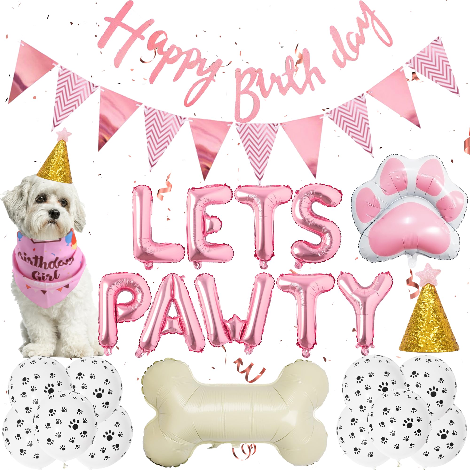 Dekoracje urodzinowe dla psa dziewczyny - dekoracje imprezowe dla psa uroczy pies dziewczyna urodziny bandana kapelusze Happy Birthday baner proporczyk różowy pies łapa kość balony foliowe dla dzieci
