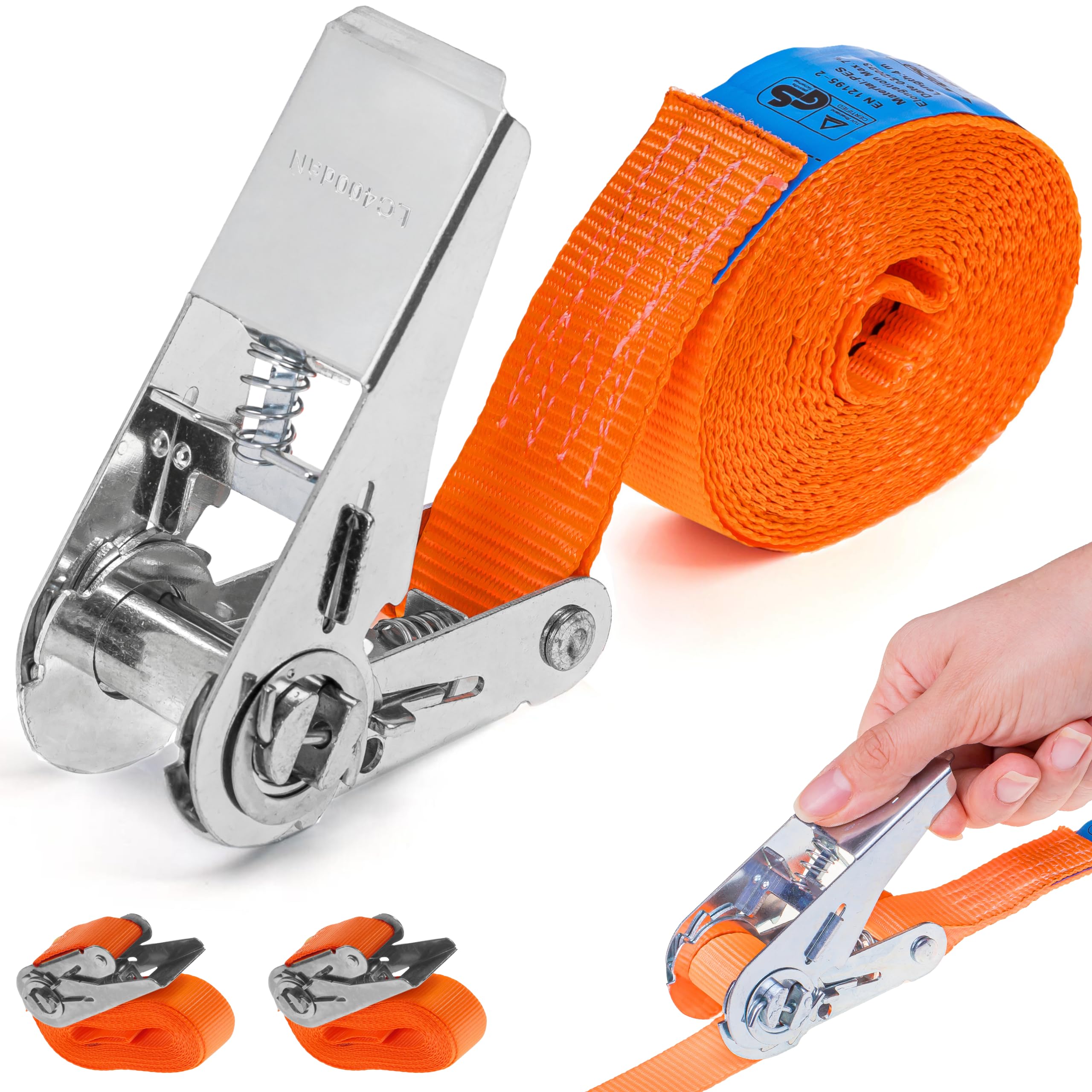 INTAKO Spanngurte mit Ratsche – Spanngurt 800kg 25mm 1-teilig – 4m/6m Grün (Ergolash) oder Orange – Set 2x/10x – Zurrgurte Motorrad (Orange, 6m (2 Stück))