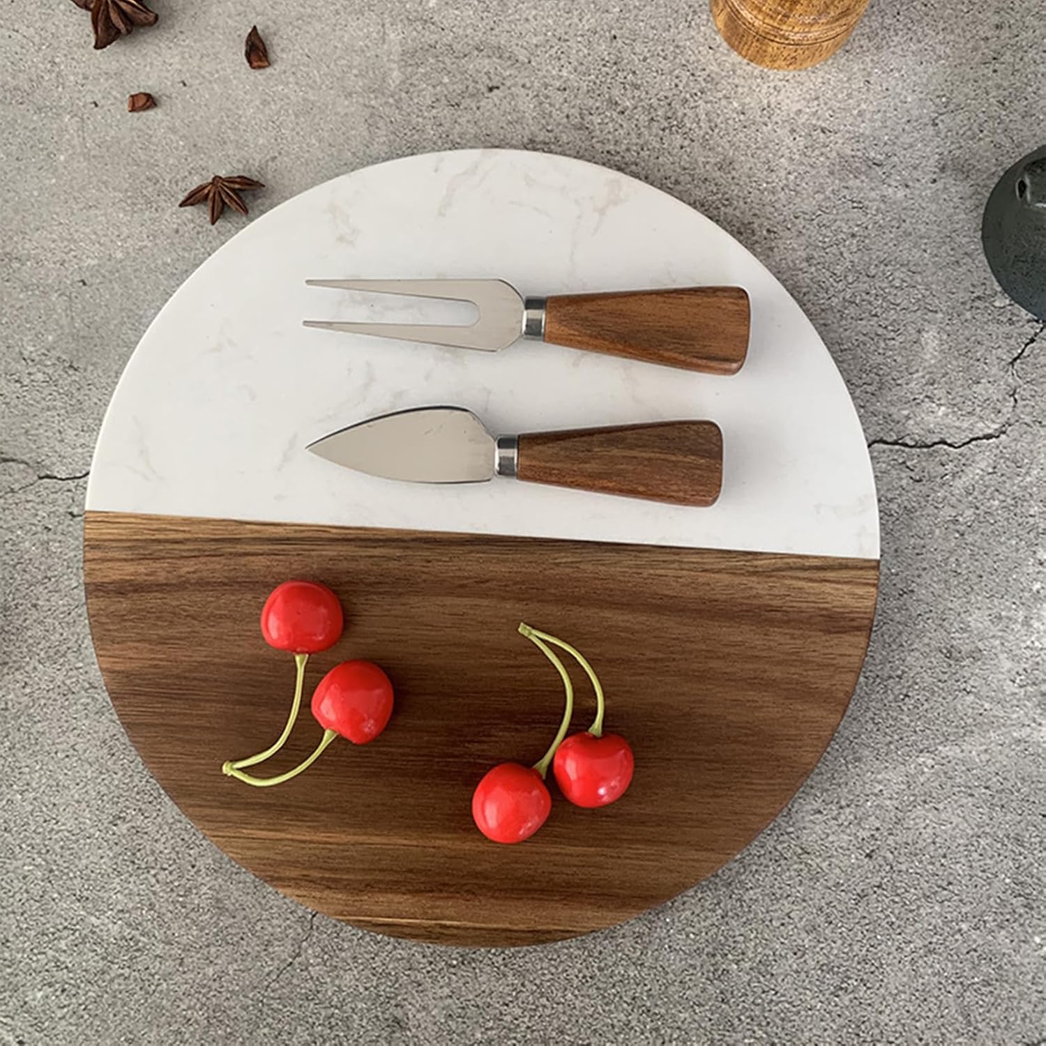 Wooden Chopping Board, 9.8" Marble Cheese Board and Acacia Wood Serving,Stone,Handcrafted Round Tray