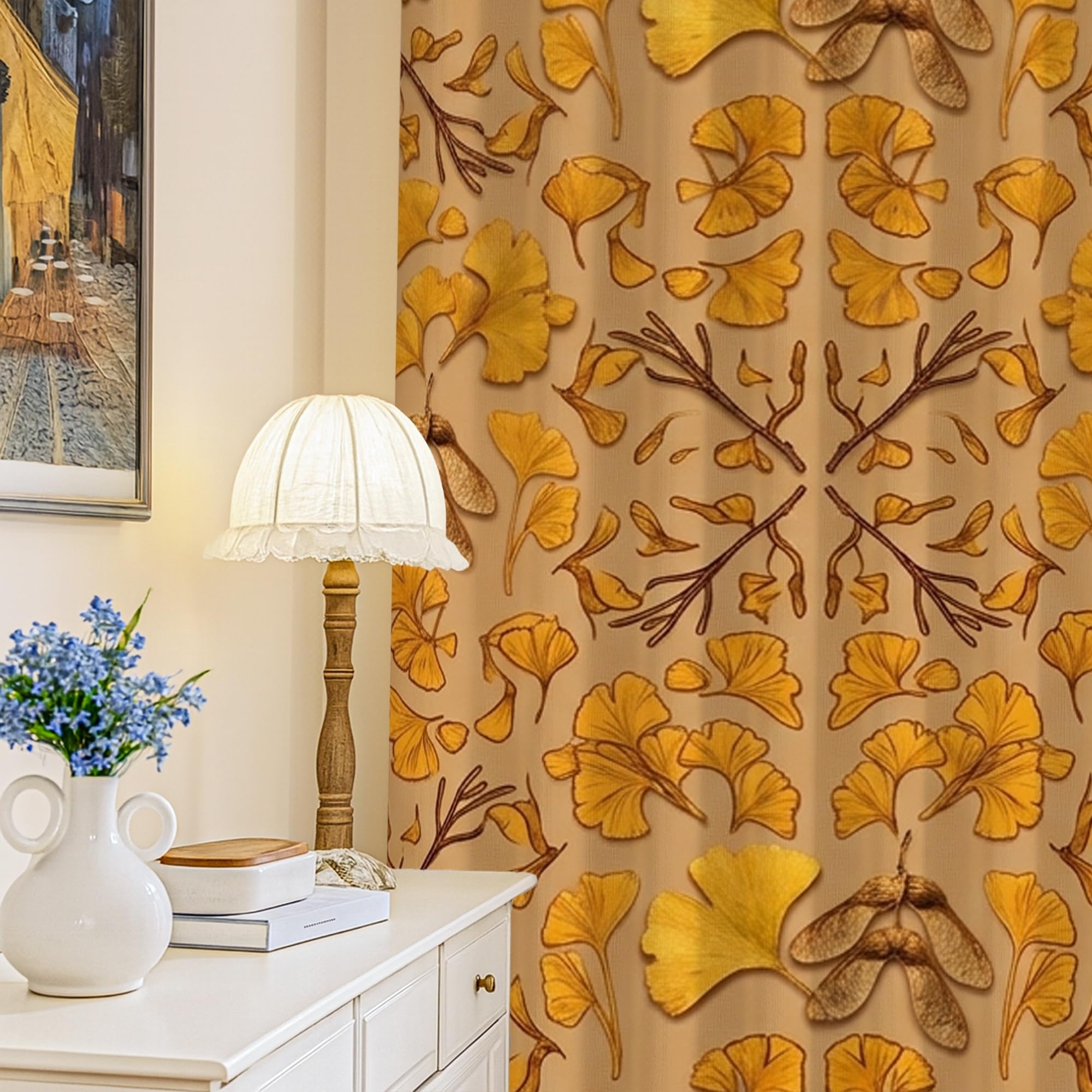Rideaux occultants thermiques ginkgo jaune 132x213 pour isoler le salon
