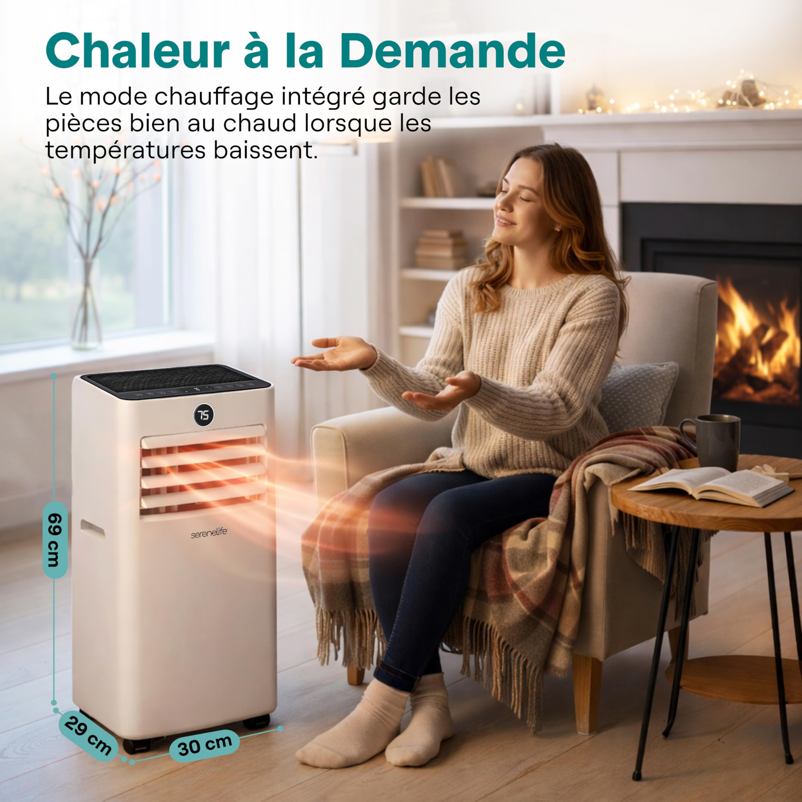 SereneLife Climatiseur Mobile 9000 BTU 2,34 kW Chauffage – Climatiseur Portable avec Évacuation, Ventilateur et Déshumidificateur, Compact avec Télécommande et Kit Fenêtre Gris