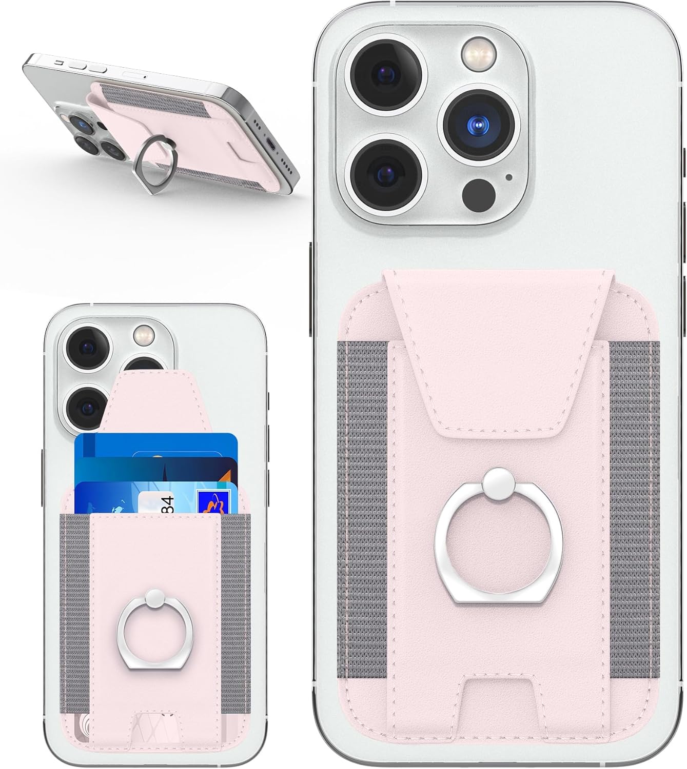 Magnetic Wallet with Card Holder, Compatible with Mag-Safe, Leather Card Holder, Wallet with Phone Ring for iPhone 15/14/13/12 Series, 7 Cards Holder (Light Pink)