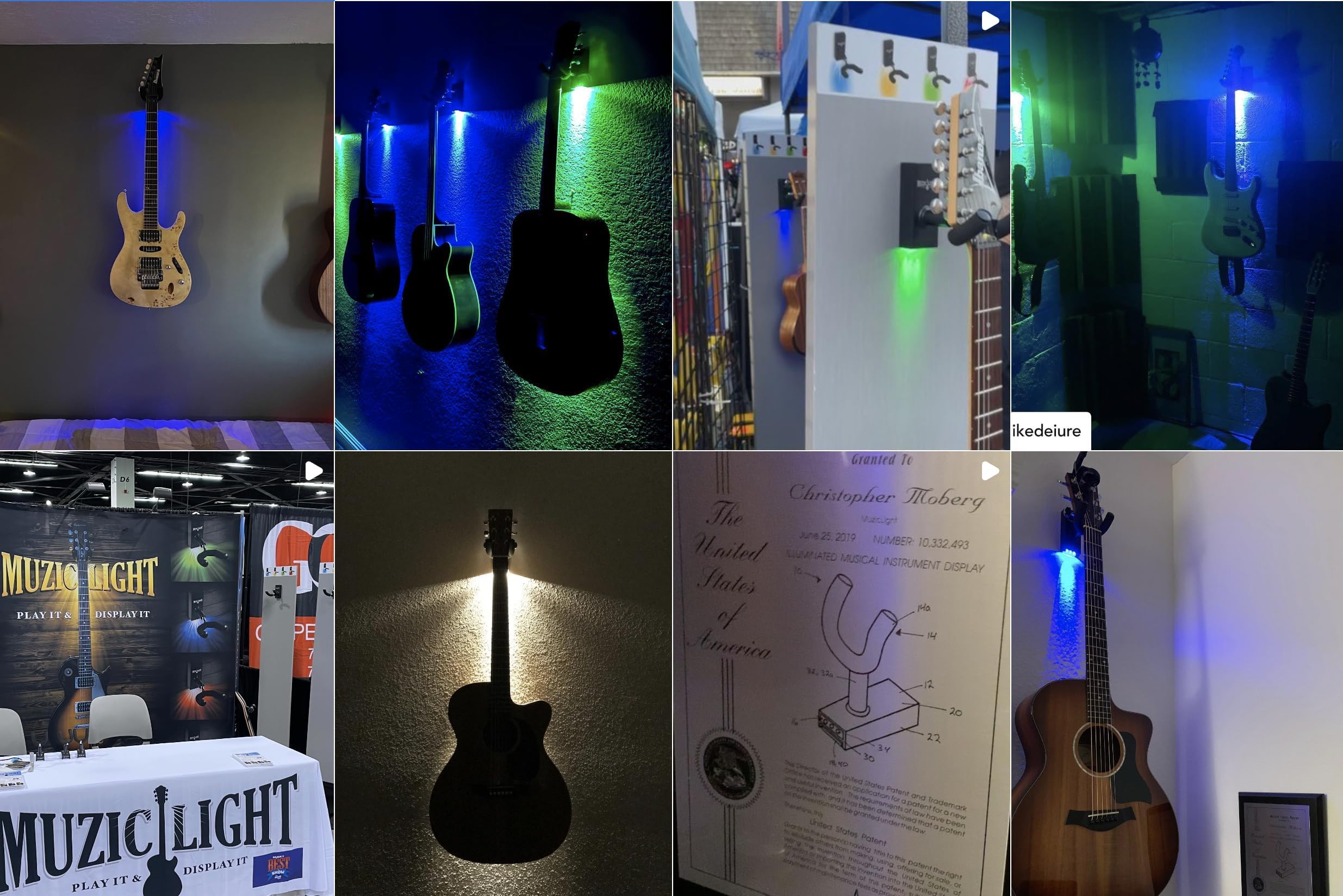MuzicLight Soporte de pared para guitarra iluminada y soporte de pared para guitarra eléctrica o guitarra acústica con LED para exhibición de guitarra con iluminación ambiental (azul)