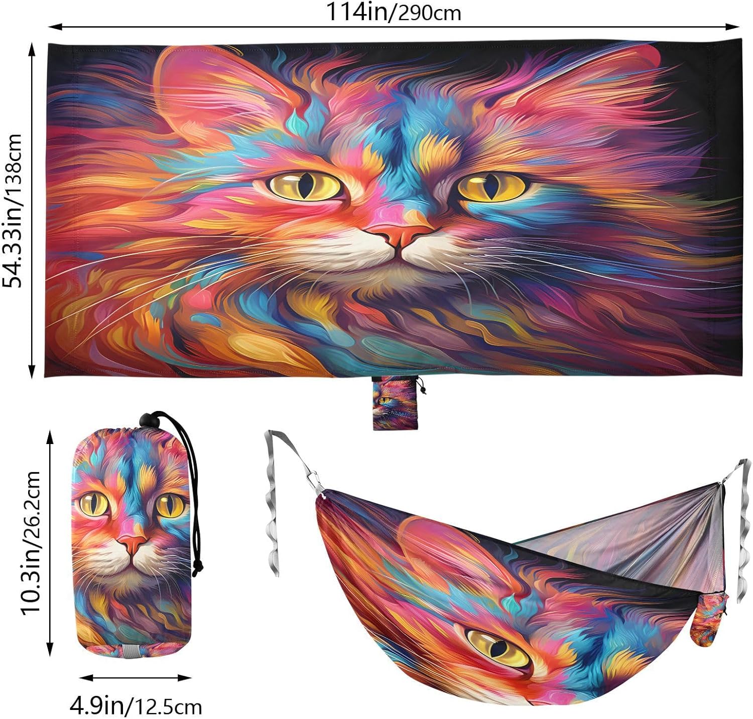 ALAZA Rainbow Cat Art Camping Hammocks Single or 2 Person 500 lbs Portable Parachute Travel Hammock w/Tree Straps for Hiking Backpacking Indoor Outdoor