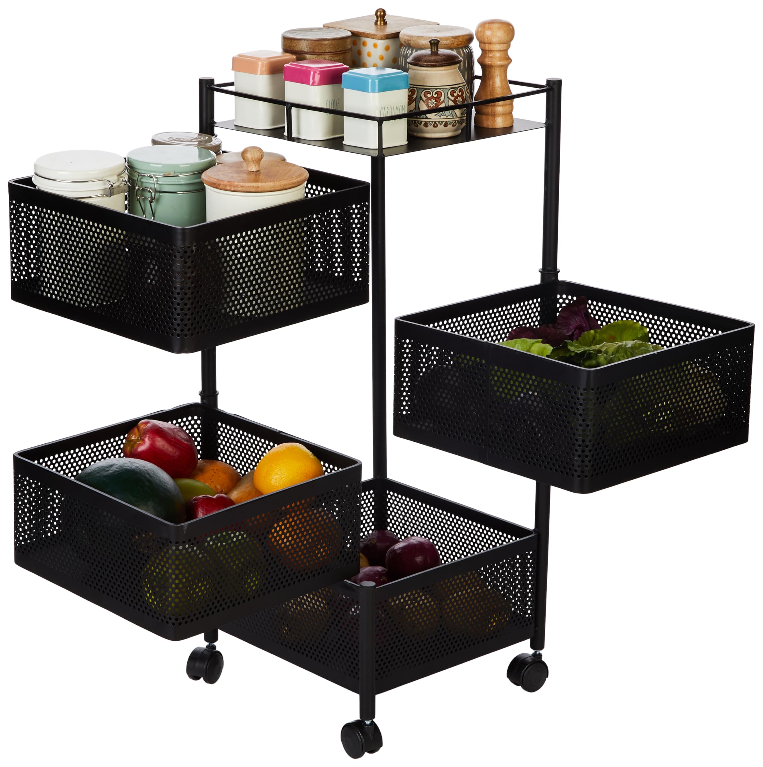 Amazon Brand - Solimo Four-Tier Square Trolley with Baskets, Rotating, Wire Mesh Baskets, Portable (Black) - Mid-Steel (B0CB5PYYQ1) Amazon Price History, Amazon Price Tracker