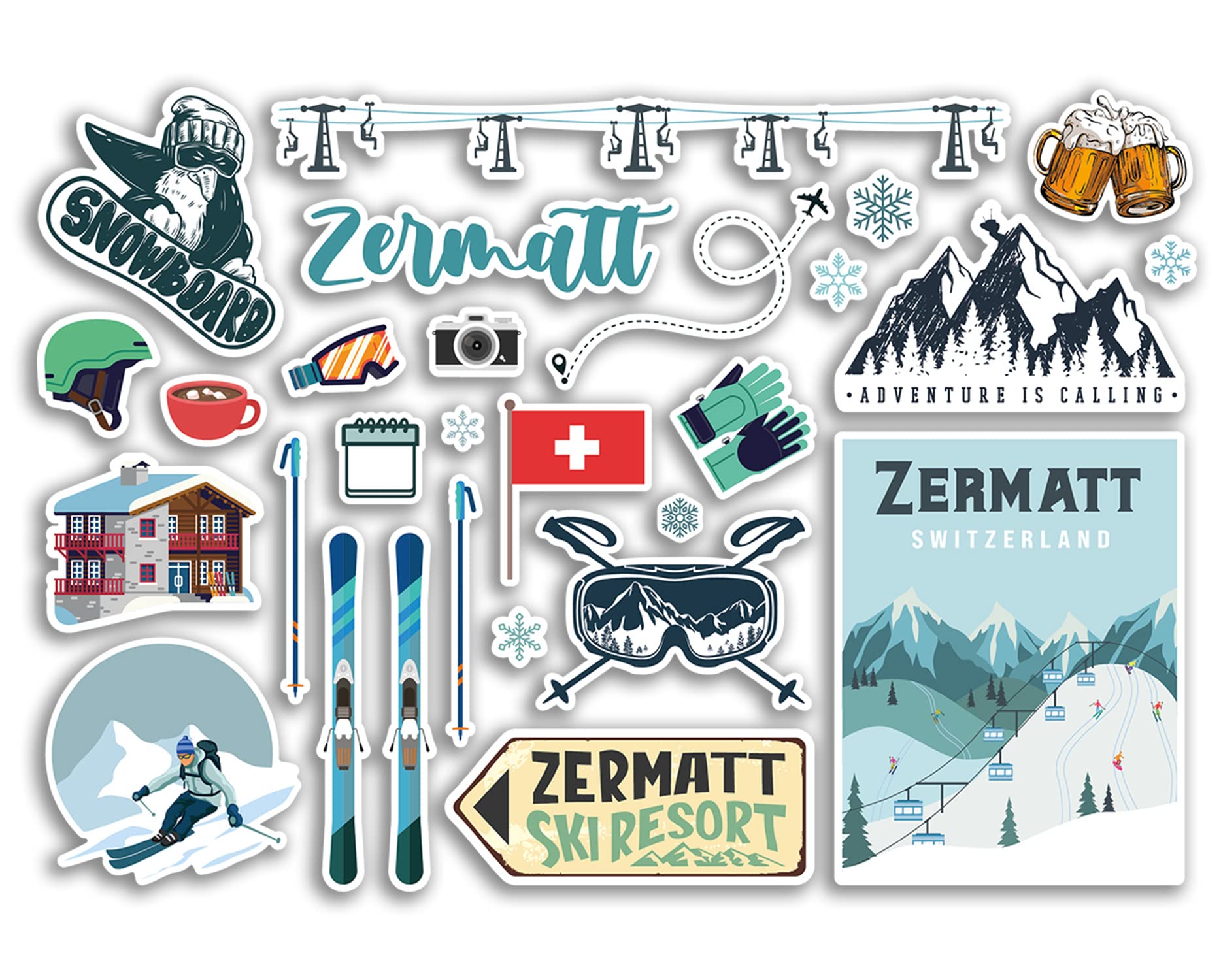 Dv Design Multi A5 Sticker Sheet Zermatt Vinyl Stickers - Switzerland Swiss Ski Resort Mountains Snowboard Holiday Flag Travel Snow Sports Luggage Scrapbooking #79055