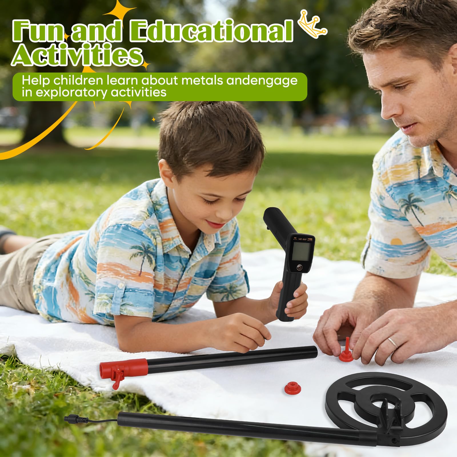 Détecteur de métaux pour enfants avec écran LCD - Rechargeable USB-C et bobine de recherche étanche - Kit de détecteur pour enfants avec pelle et sac - Idéal pour la chasse au trésor, la plage, le