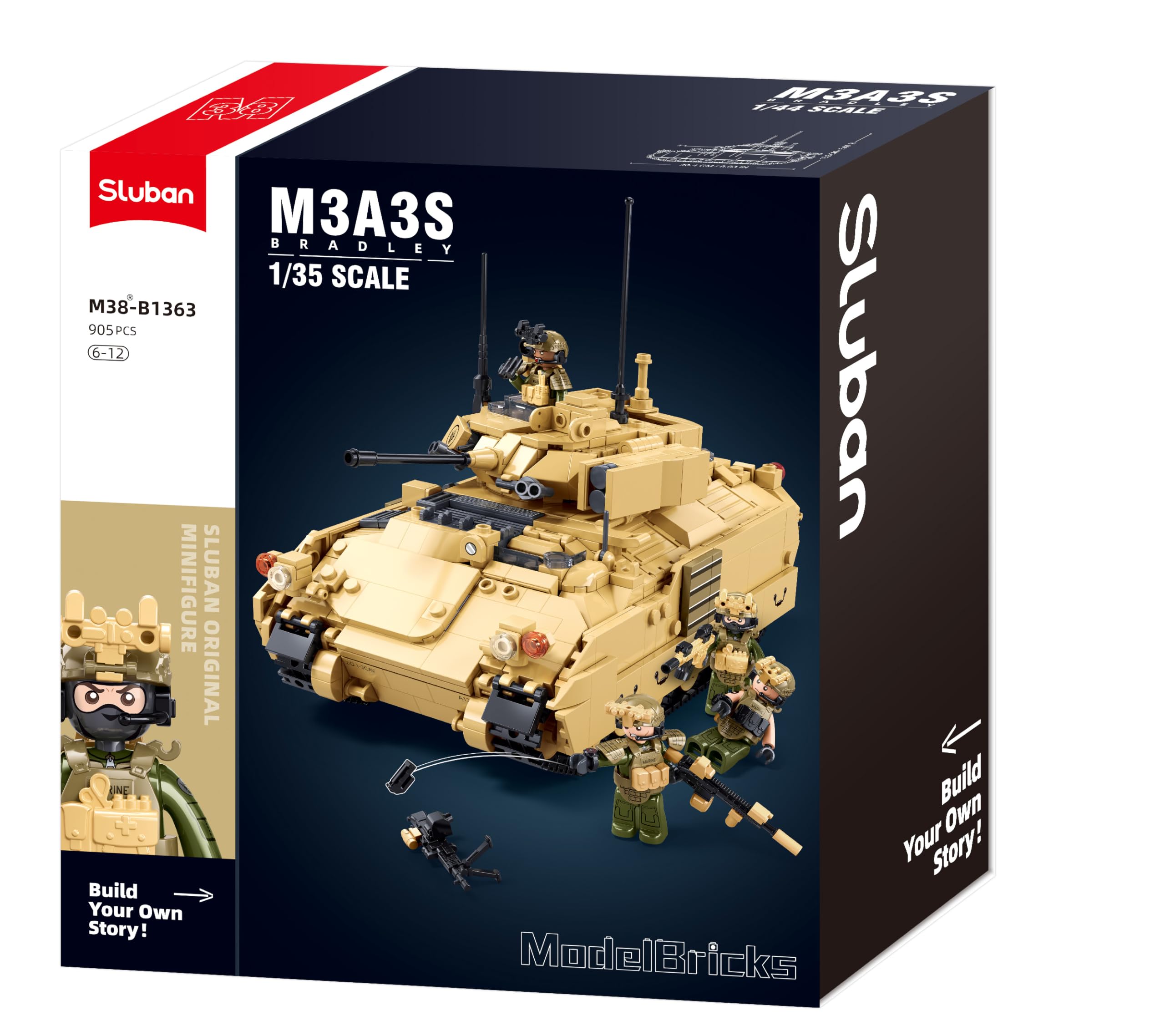 Sluban M3A3S Bradley, Juego de Construcción Militar, 905 Piezas, Escala 1/35, 4 Figuras, para Niños de 6 a 12 Años