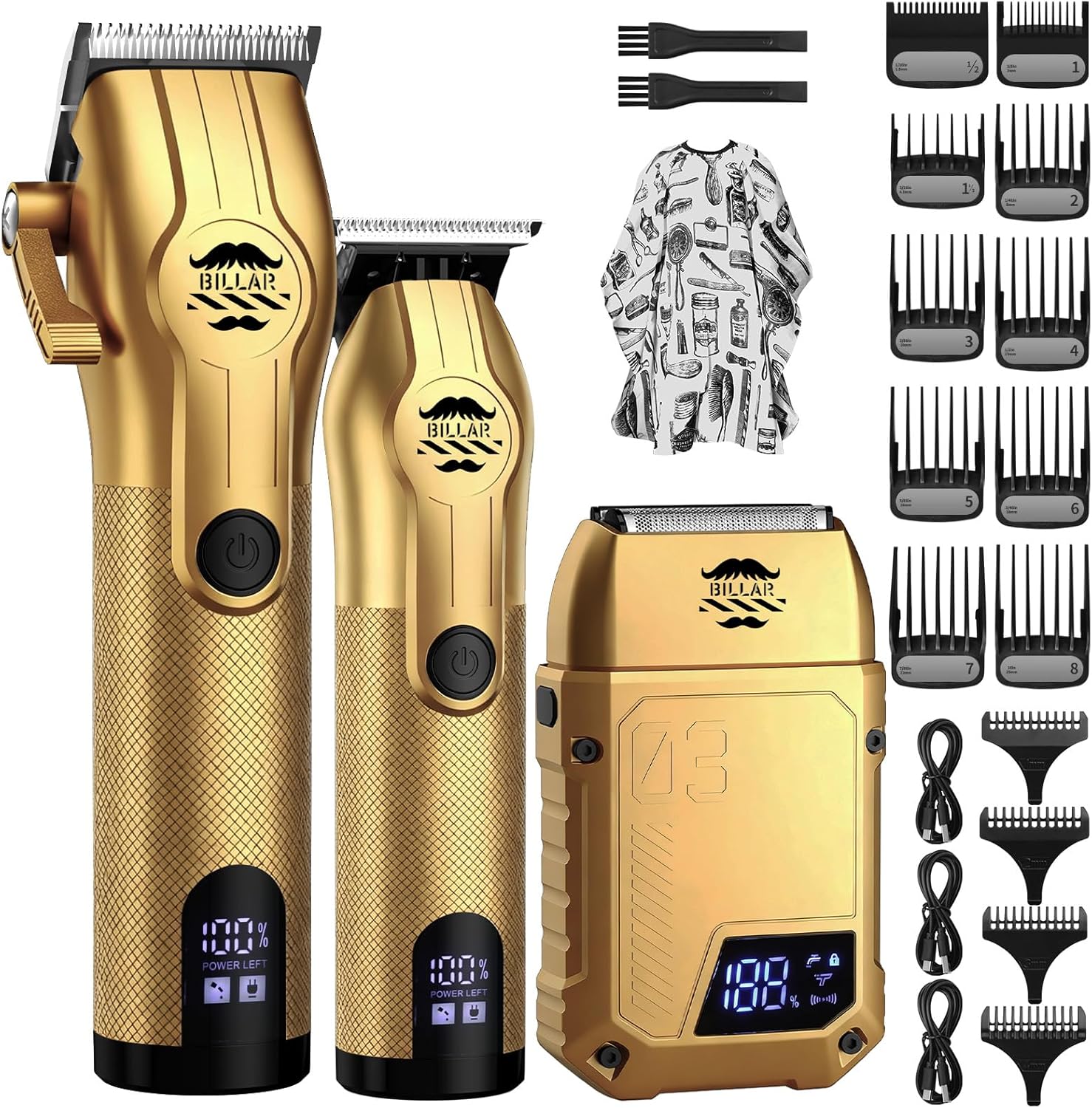 BILLAR® Professional Barber Clippers and Trimmer Set – Foil Shaver Professional Hair Clippers for Men, Mens Cordless Hair Clipper for Barbers Haircut Kit（Golden）