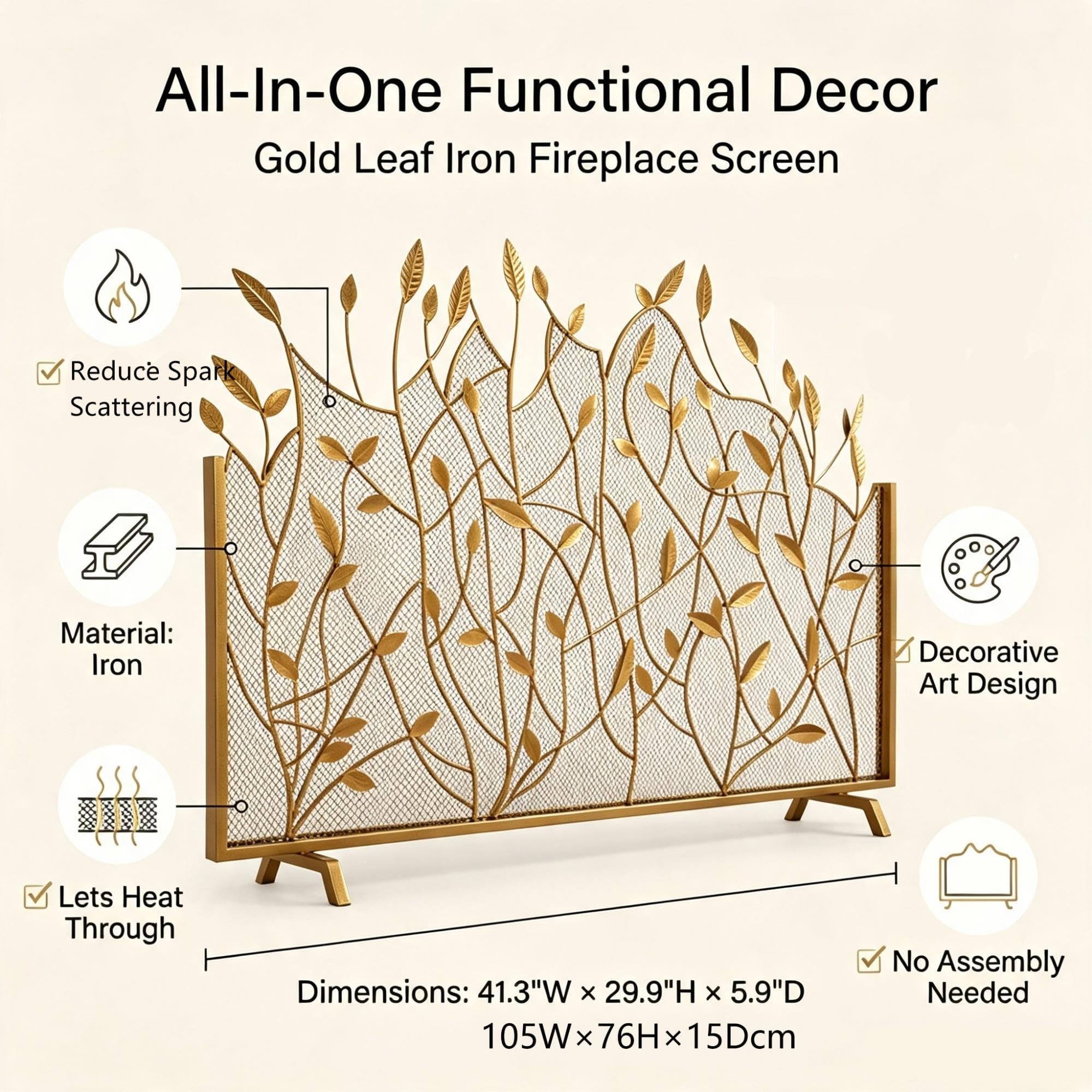 Parascintille per Camino a 1 Pannello in Ferro Battuto, Parafuoco Dorato | Schermo in Rete Stile Retrò, Barriera Decorativa Curva per Camino(Black,W96CM/38IN)