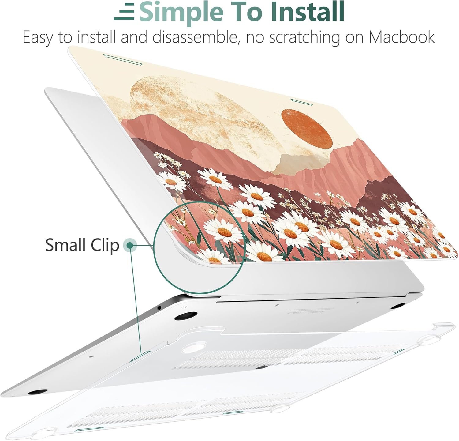 TWOLSKOO for MacBook Air 13.3 inch Case 2021 2020 2019 2018 Release M1 A2337 A2179 A1932 with Touch ID, Plastic Hard Shell Case & Keyboard Cover & Type C Adapter, Mountains & Daisies