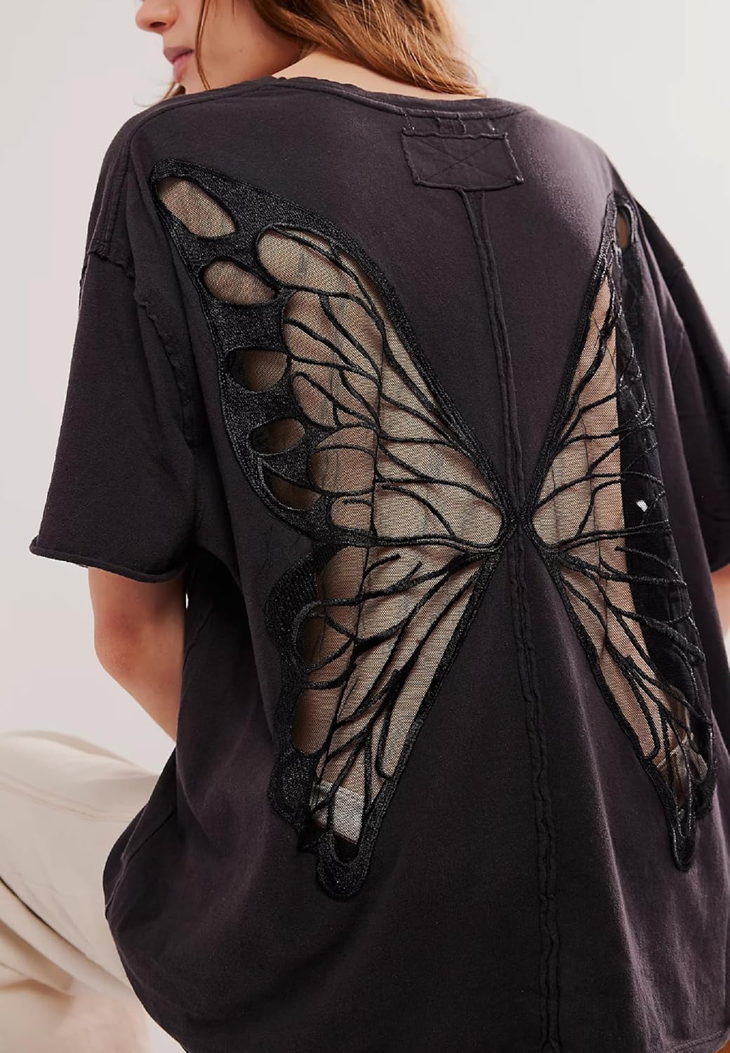 NUFIWI Women Y2K Short Sleeve Butterfly Tops Overzied Patchwork Cutout Back Tshirts Preppy Backless See Through Kawaii Shirts - Image 4