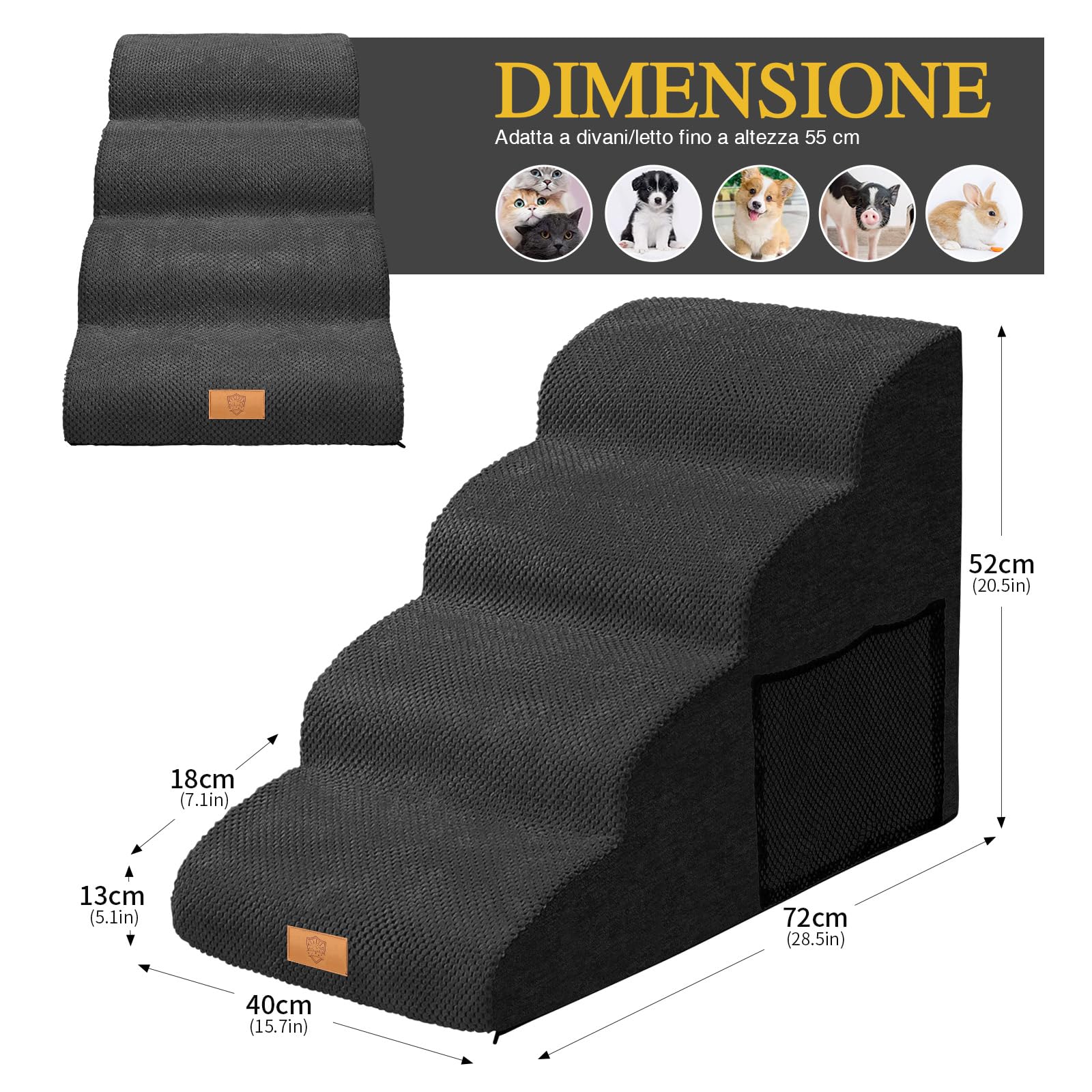 Masthome Scala per Cani Letto, Scaletta per Cani a 4 Gradini in Spugna, Rampa per Cane Antiscivolo, Scale per Animali Domestici con Fodera Rimovibile, Adatto per Animali Anziani, Giovani e Feriti