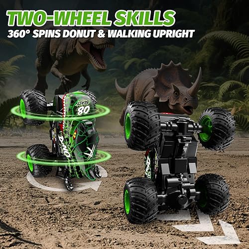 Miniatura 2 de Camión monstruo de juguete para niños, juguete de dinosaurio 120, camión RC con giros de 360 y deriva, 2.4 GHz todoterreno Monster Trucks para niños