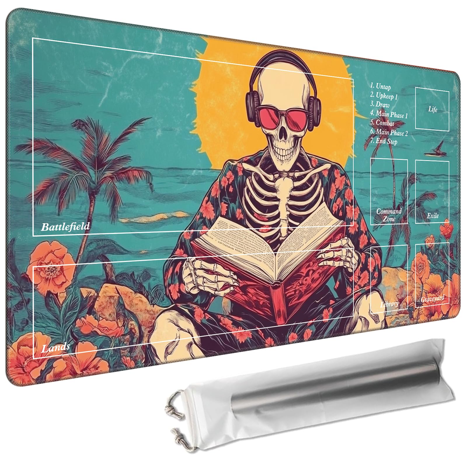 Cdkfxjy MTG Playmat with Magic Zone 24 x 14in Includes Storage Bag,TCG Playmat with Soft Surface Premium Non-Slip Rubber Backing Stitched Edges Durable Gaming Mat,Skeleton Reading Book — image 1