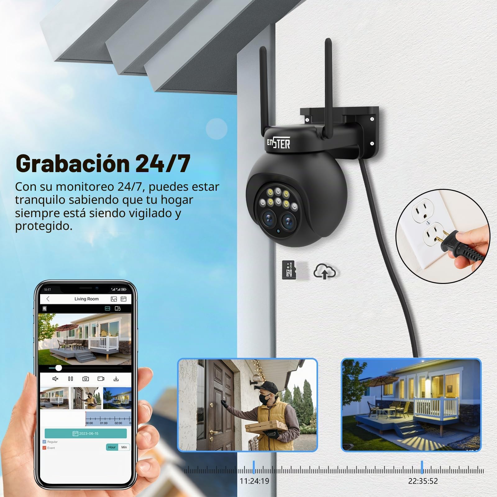 ENSTER Cámara de Vigilancia Exterior 4MP, 8X Zoom Híbrido WiFi Camera PTZ con Lente Dual, Visión Nocturna a Color, Audio Bidireccional, IP66