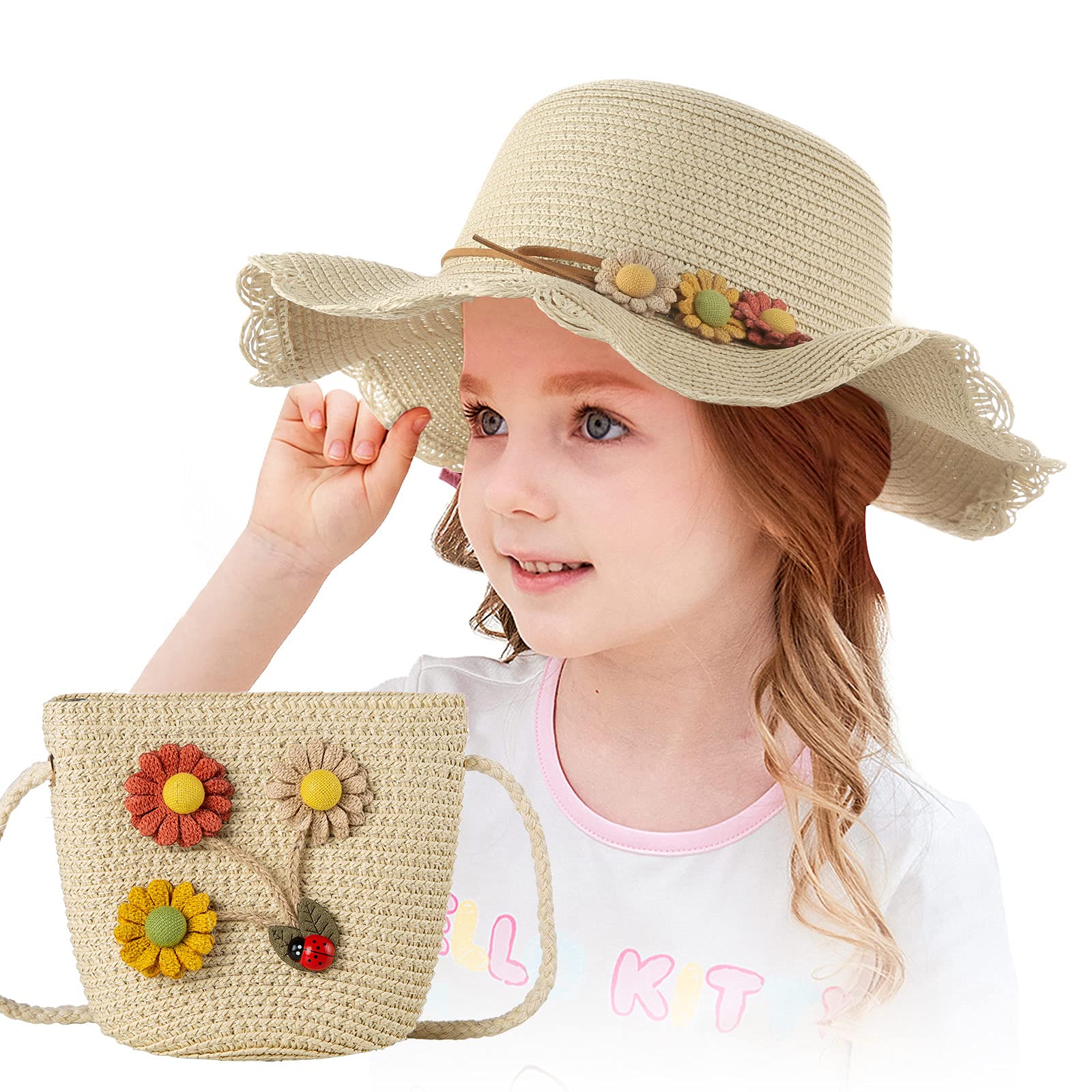 Czemo Sombrero de Paja Niñas Anti UV Gorra de Sol Chica y Bolsillo Set Alas Anchas Transpirable para Viaje Beach Piscina al Aire Libre 3-7 años (Beige) (Beige)