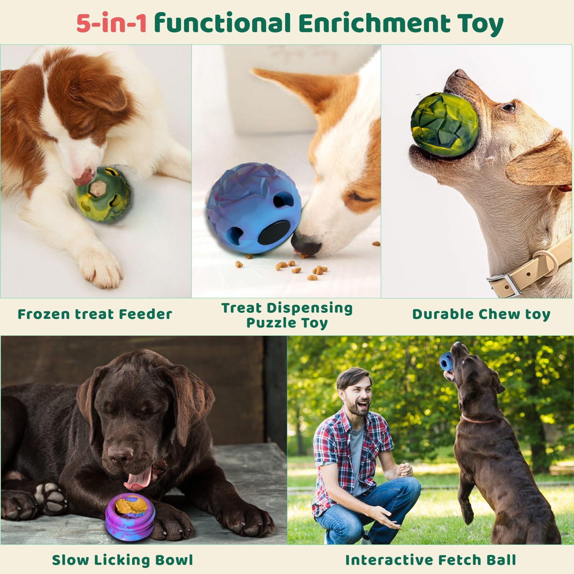 5-in-1 Dog Enrichment Toy – Bite & Brush Freeze Ball, Large Dog Toys, Interactive Chew Toy for Large Aggressive Chewers (25-85 lbs), Freezable Bone for Dogs, Homemade Treat Dispenser, Easy to Clean