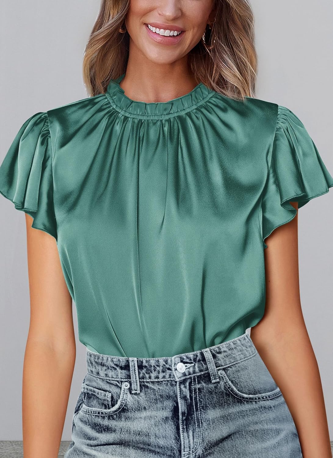PRETTYGARDEN Business Casual Tops for Women Blouses Dressy 2026 Summer Short Sleeve Ruffle Satin Work Office Attire - Image 5