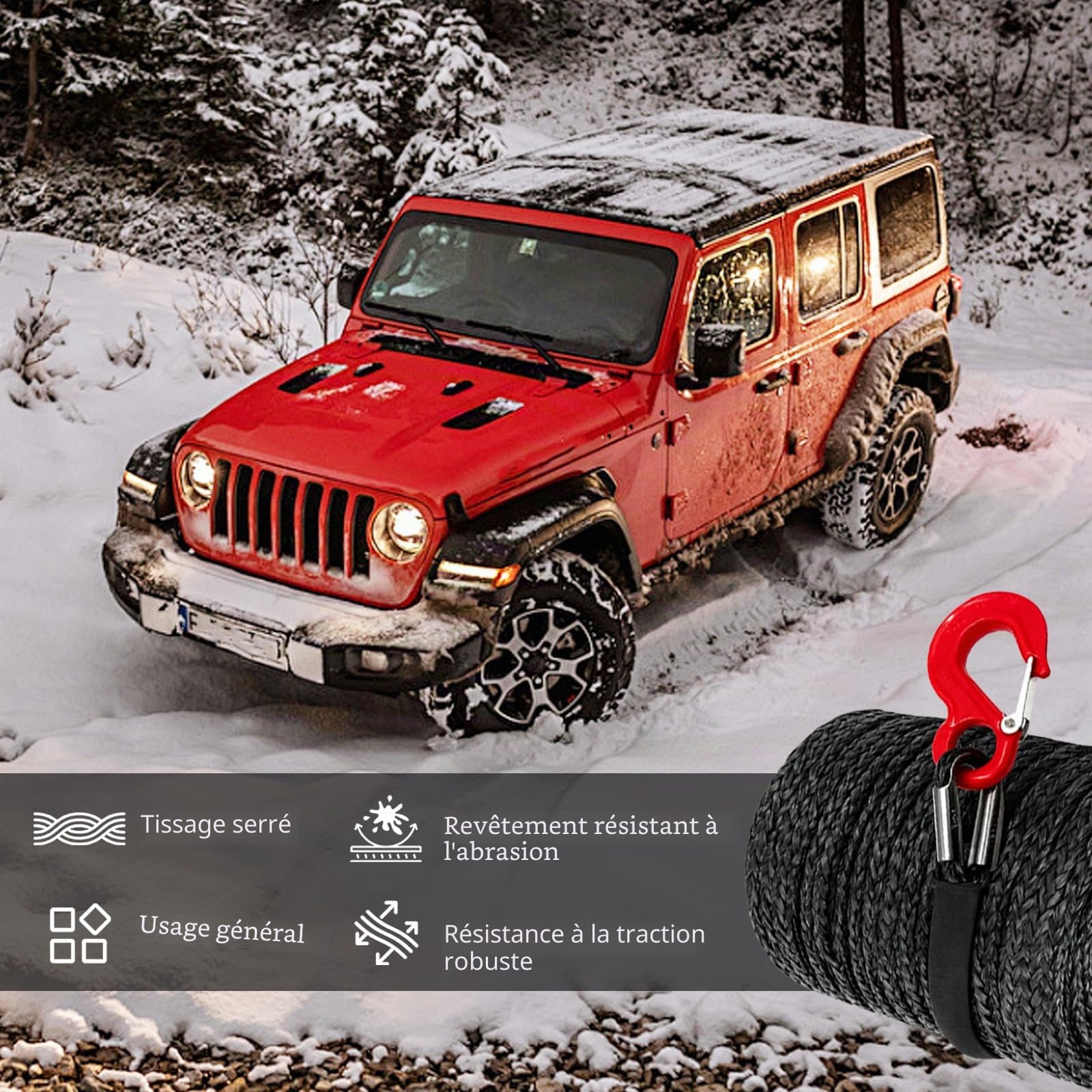 Corde de Remorquage pour Voiture, Corde de Treuil 15M Long 8MM Diamètre Cable Synthétique 12 Torons Câble en Plastique 13228 Livre Câble de Remorque avec Crochet Métallique pour SUV Camion UTV, Noir