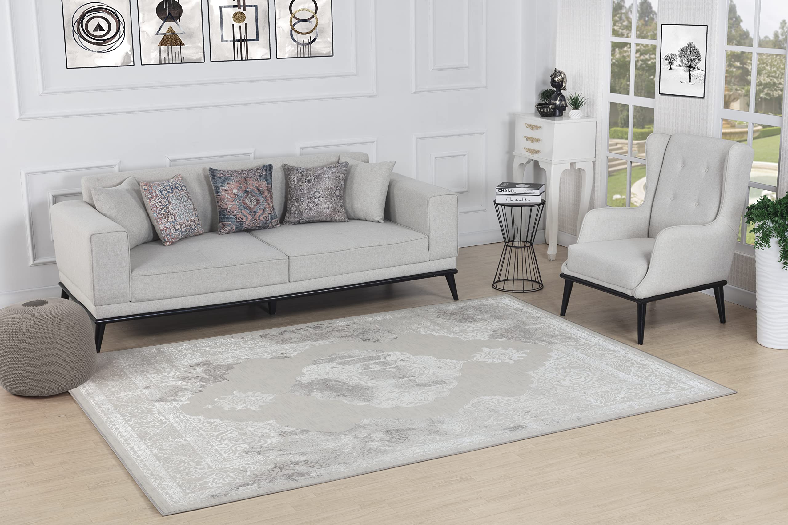 Livabliss Cuerogier Alfombra Vintage Oriental - Alfombra Salon, Habitacion, Pasillo o Dormitorio, Estilo Tradicional Bohemio, Natural, Facil de Limpiar, Grande, Alfombra Gris, Beige Marfil de 160x213