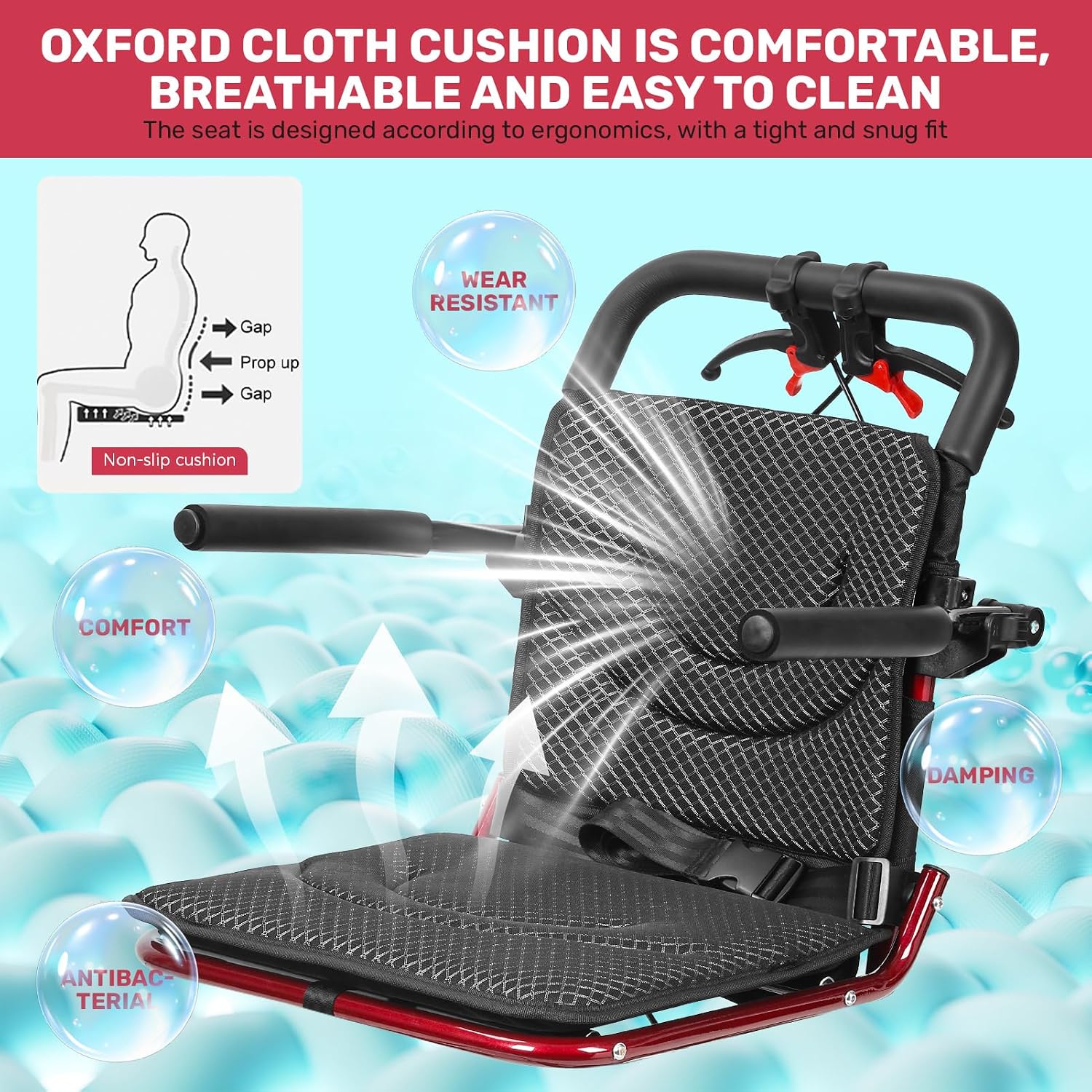 Folding Wheelchair, Lightweight Portable Transit Travel Chair for Adults Ergonomic Design (15.75-inch-Wide seat-Red)