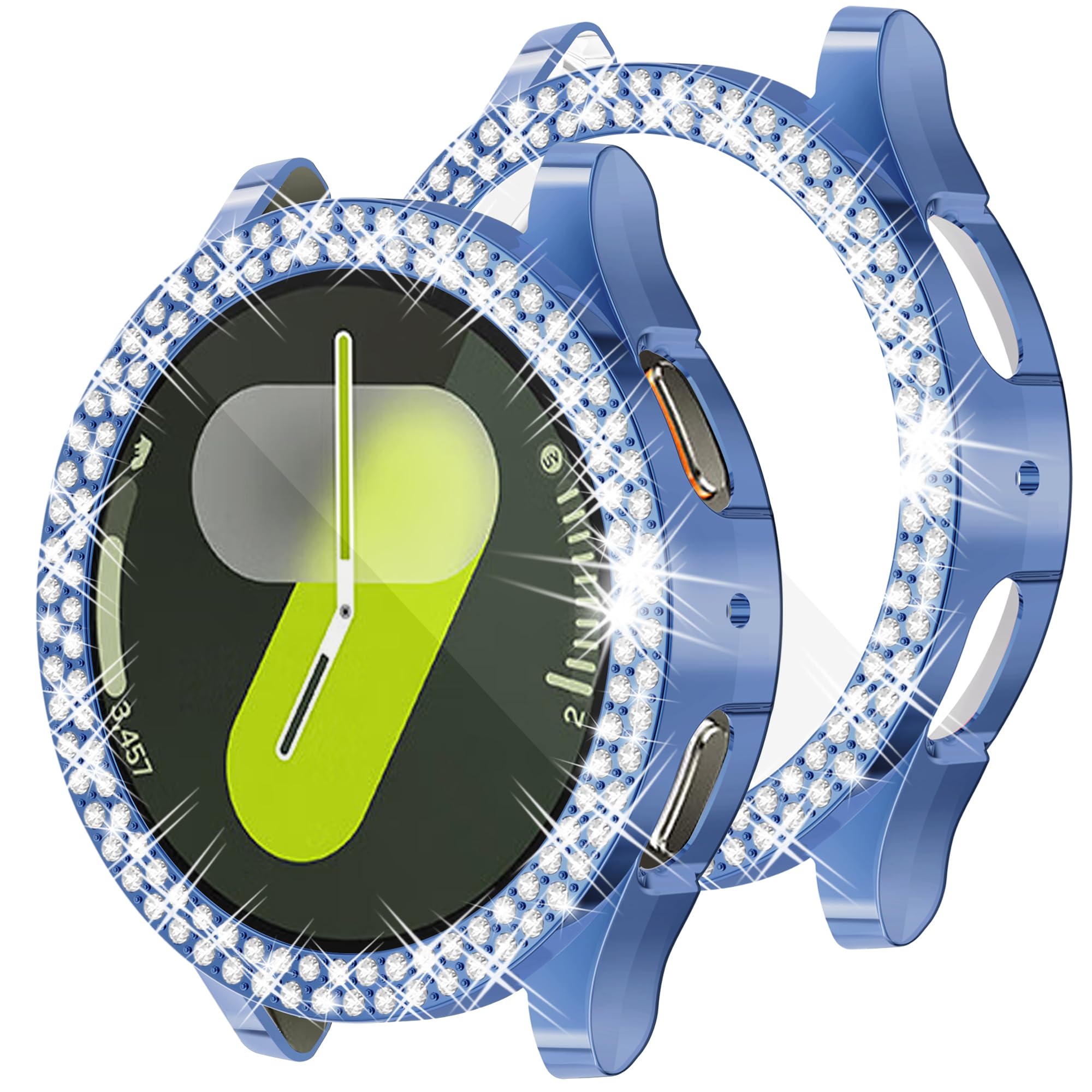 Wugongyan Case Compatible with Samsung Galaxy Watch 7 40mm 44mm Screen Protector Bling Double Row Crystal Diamonds Flexible TPU Galaxy Watch 7 Face Cover Accessories（Coast Blue, 40mm）