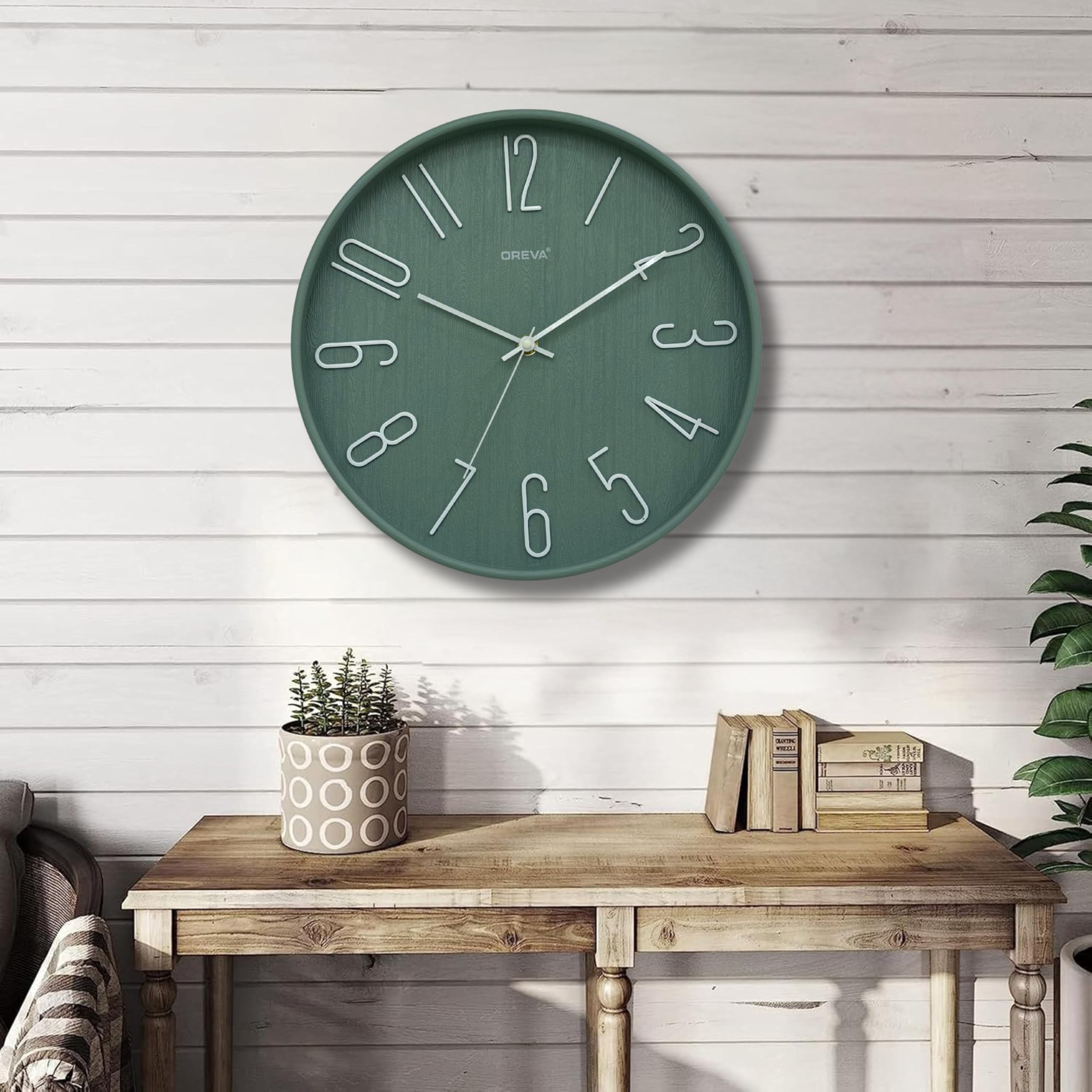 OREVA 12 Inch Round Fancy Embossed Number Dial Contemporary Stylish Quartz Clocks Modern Analog Silent Wall Clock for Living Room Bedroom Latest Home Décor Office AQ-9517SS (Green)-image-43