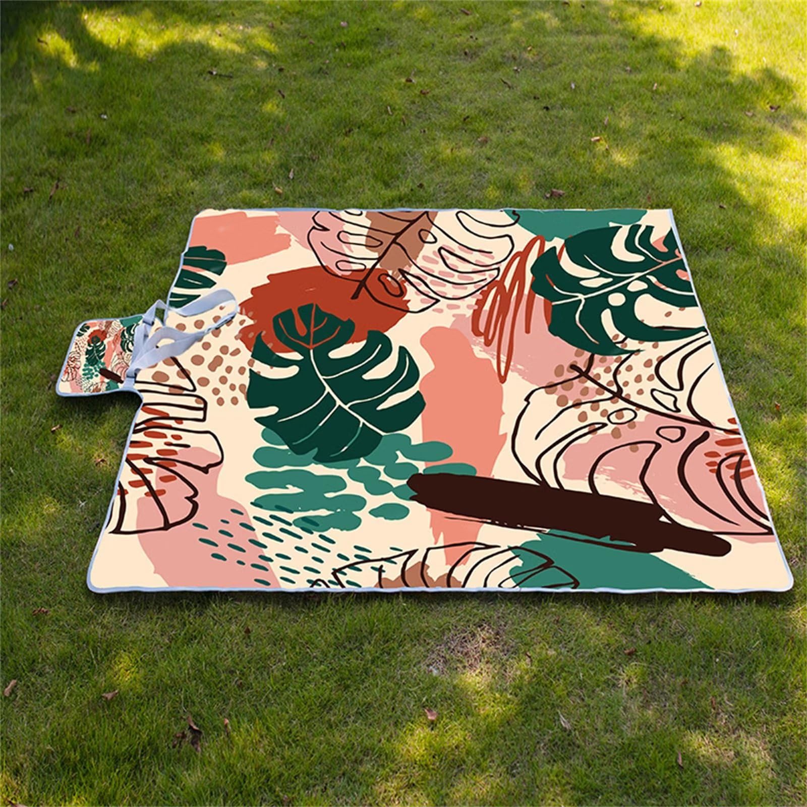 Manta Picnic Impermeable 200x300cm,Lavable Picnic Blanket,Ultrasónica Mantel Picnic,con Mango Multifunción para Acampar Playa Parque de Senderismo,Rojo Hojas Verdes